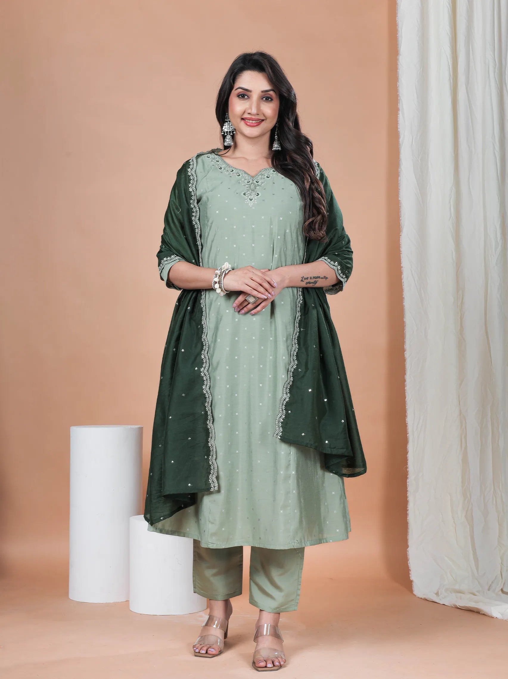 Pista Green Roman Silk Embroidery Suit Set with Chanderi Dupatta | Thr Zaarvik Pista Green Roman Silk Embroidery Suit Set with Chanderi Dupatta | Thr Zaarvik