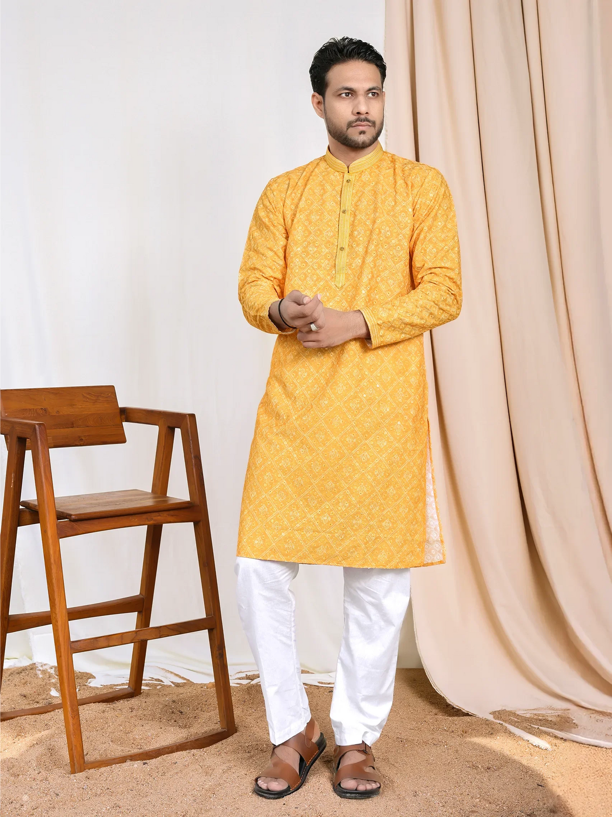 Men’s Cotton Kurta with Traditional Embroidery & Ethnic Print – Festive Wear