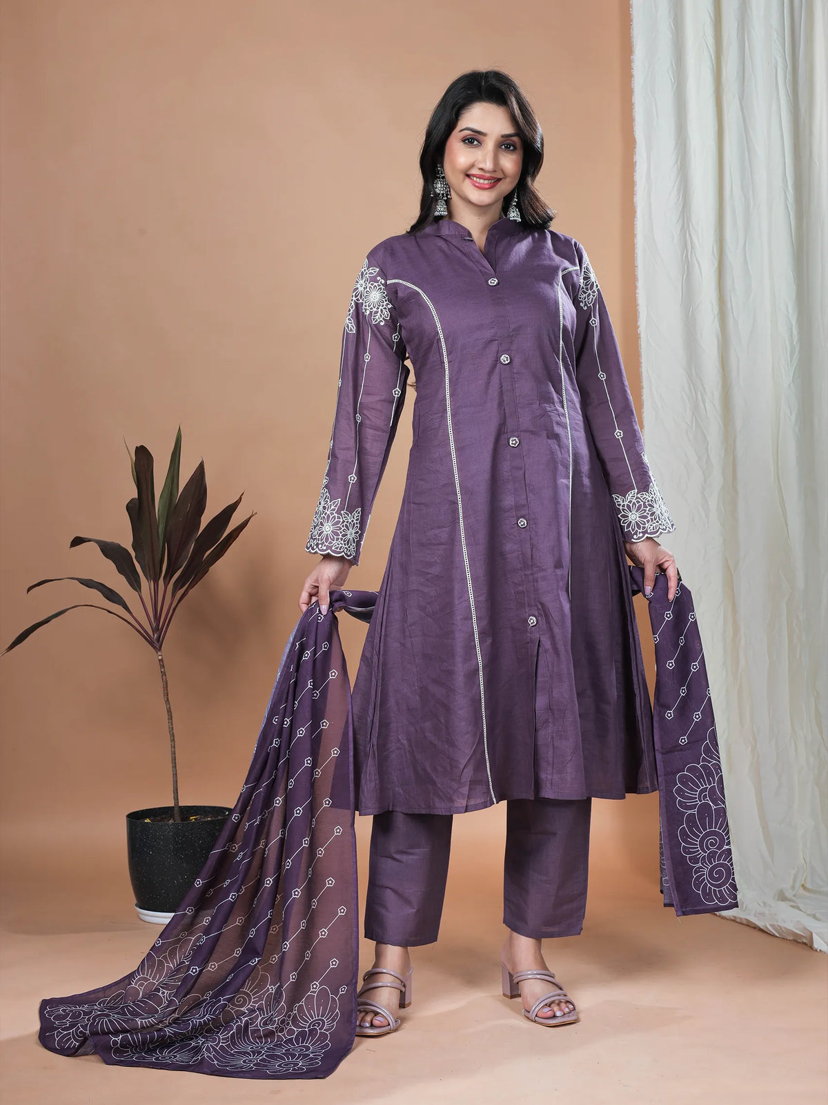 Dusty Purple Embroidered Mul Cotton Kurta Set with Mul Cotton Dupatta | Full Sleeve Traditional Wear