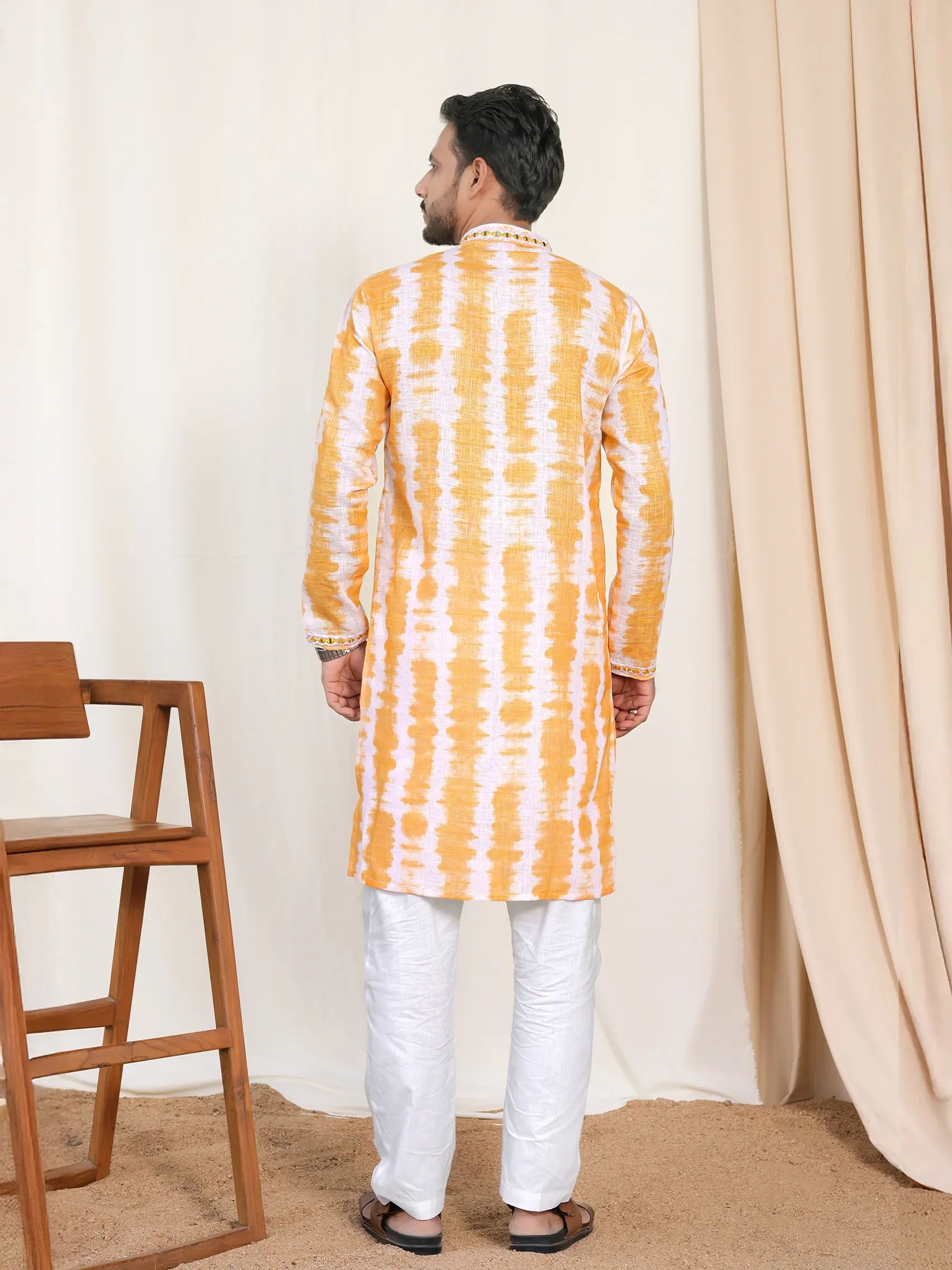 Elegant Men’s Kurta with All-Over Print and Embroidered Neckline
