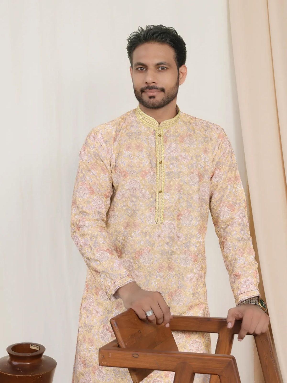 Beige Printed Kurta with Thread Embroidery