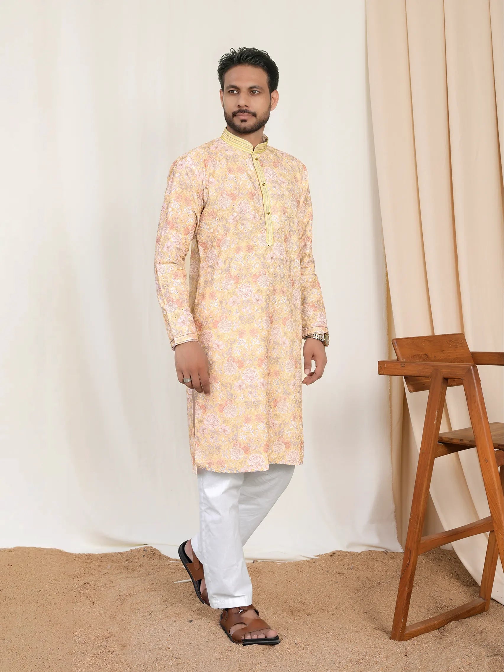 Beige Printed Kurta with Thread Embroidery