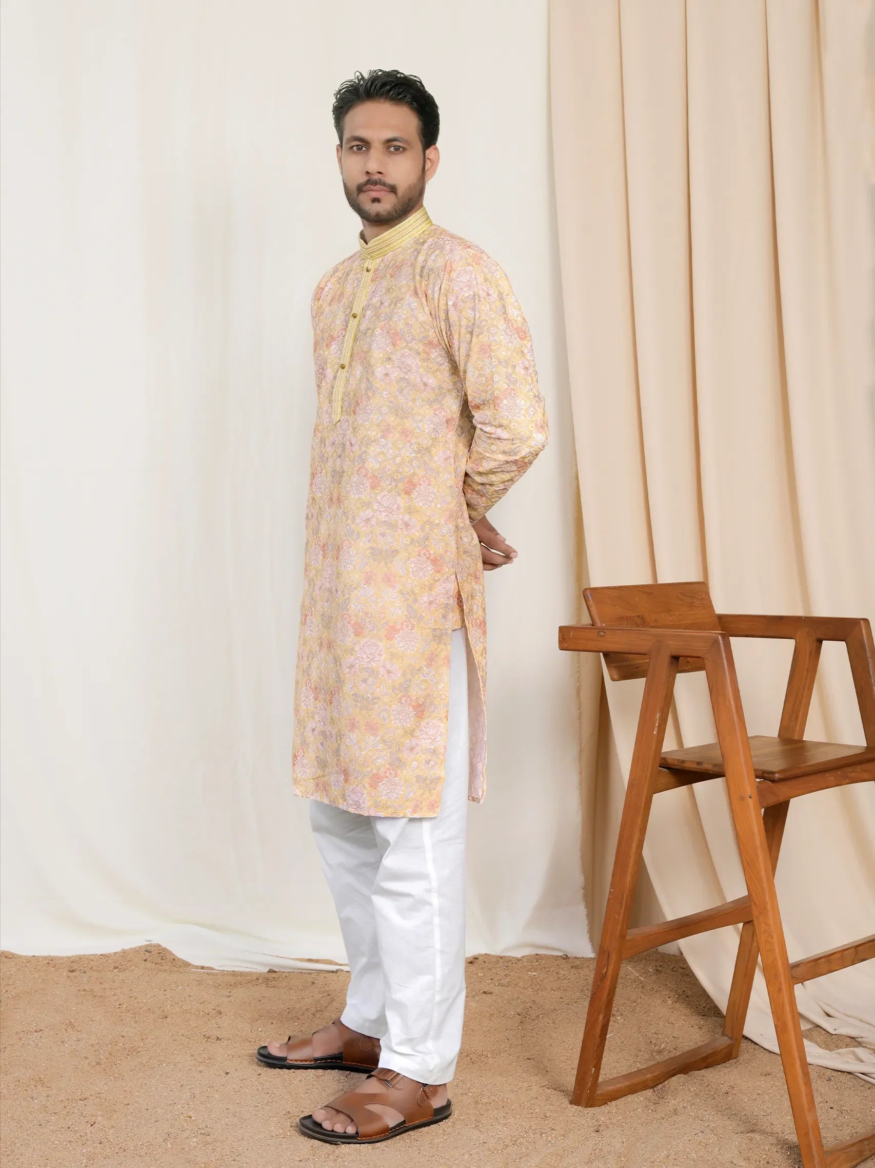 Beige Printed Kurta with Thread Embroidery