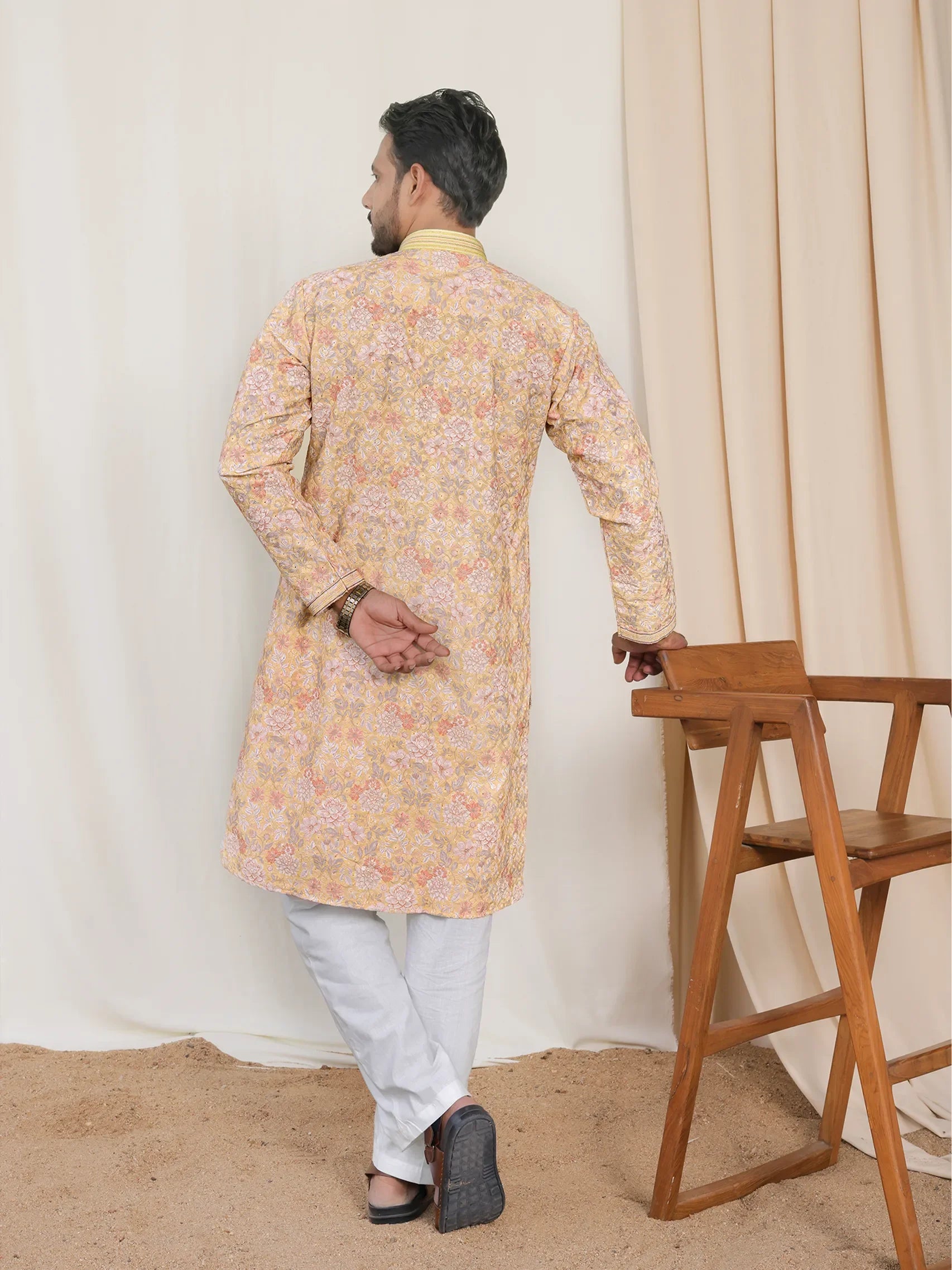Beige Printed Kurta with Thread Embroidery