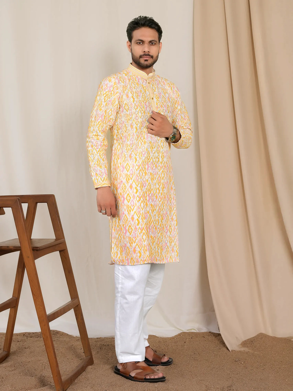 Light Yellow Geometric Kurta for Men – Lucknowi Work & Contrast Print | Wedding & Festive Wear