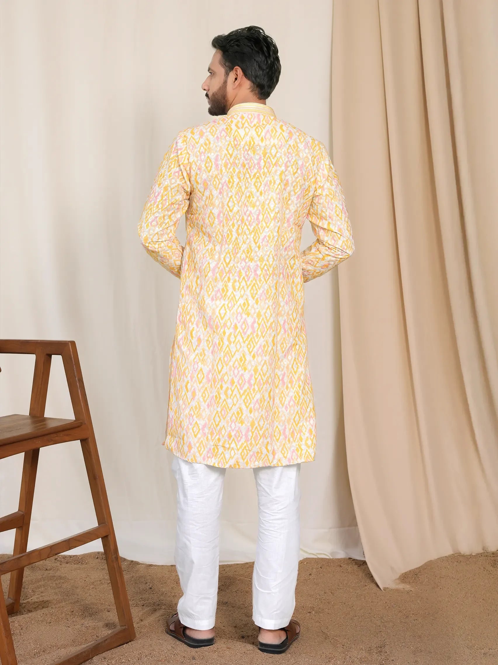 Light Yellow Geometric Kurta for Men – Lucknowi Work & Contrast Print | Wedding & Festive Wear