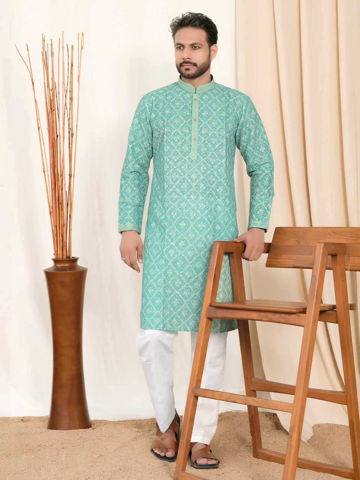 Kurta with Abstract Print and Chest Embroidery