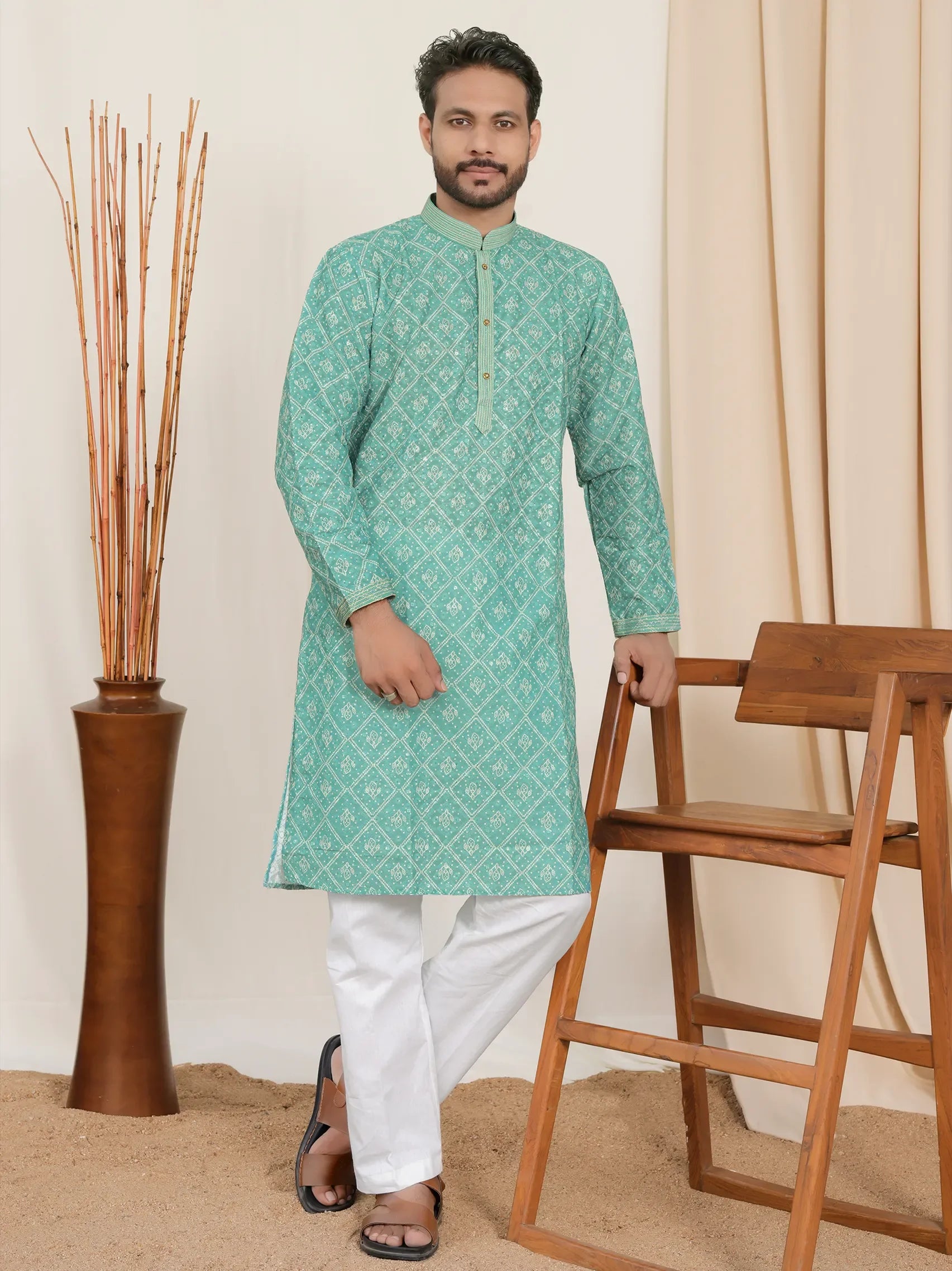 Kurta with Abstract Print and Chest Embroidery