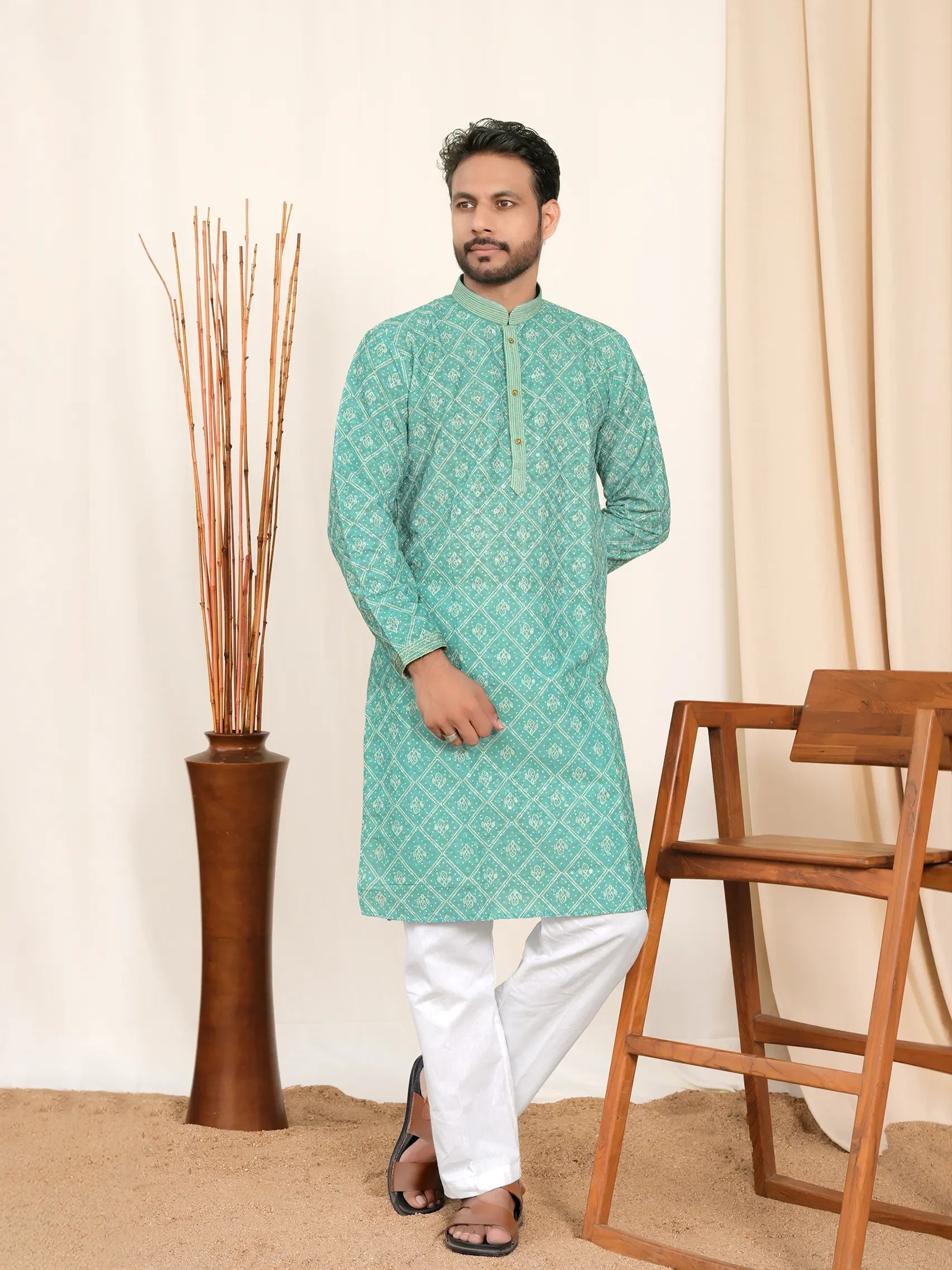 Kurta with Abstract Print and Chest Embroidery