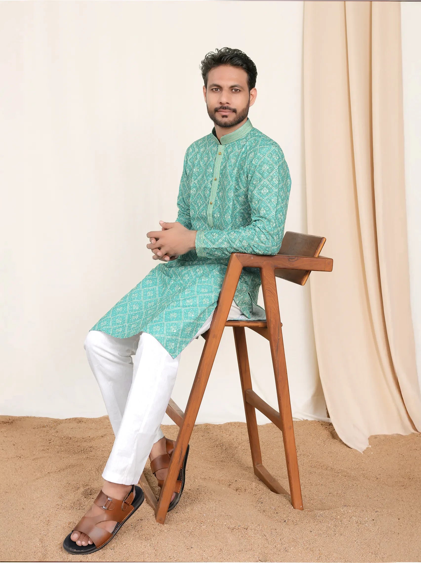 Kurta with Abstract Print and Chest Embroidery