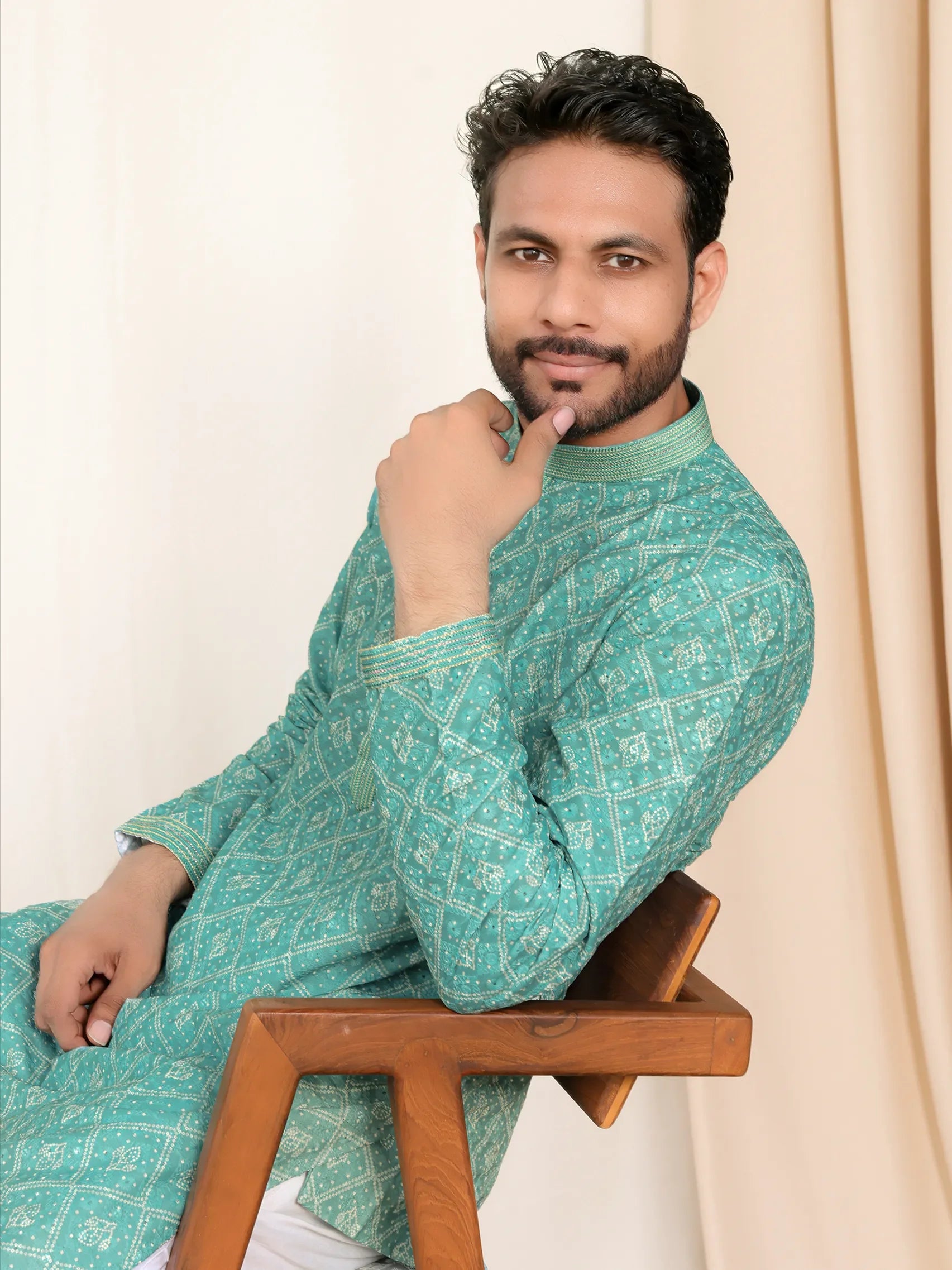 Kurta with Abstract Print and Chest Embroidery