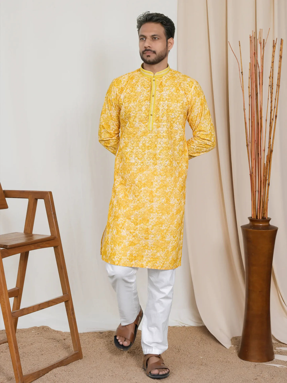 Kurta with Floral Embroidery & All-Over Print