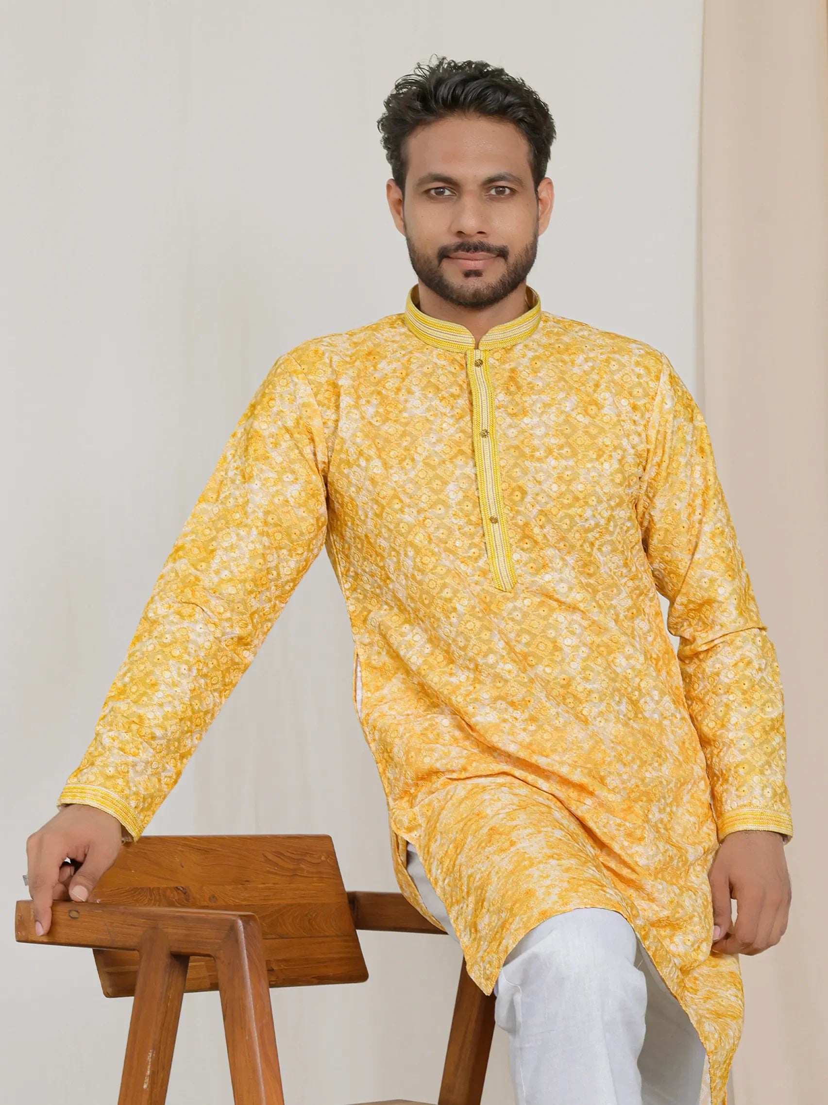 Kurta with Floral Embroidery & All-Over Print