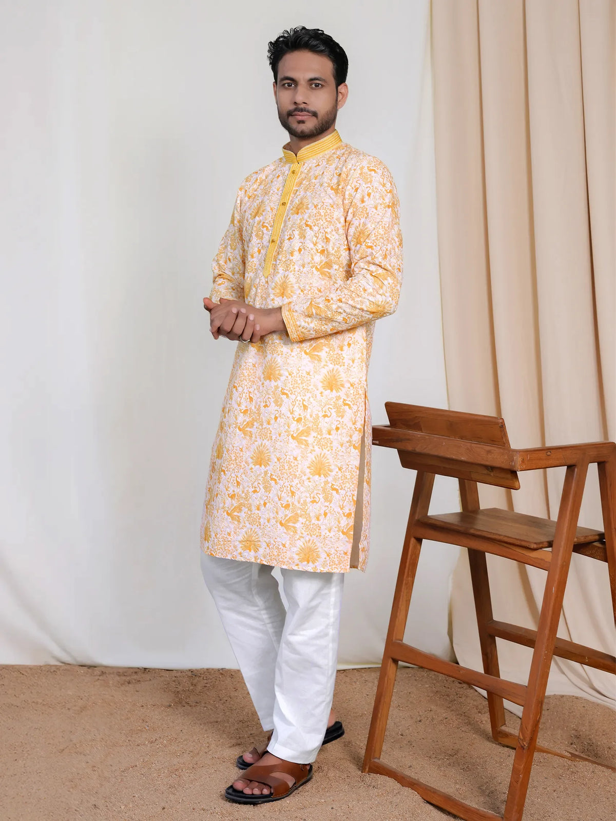 Yellow Floral Kurta for Men – Lucknowi Work & Contrast Print | Wedding & Festive Wear