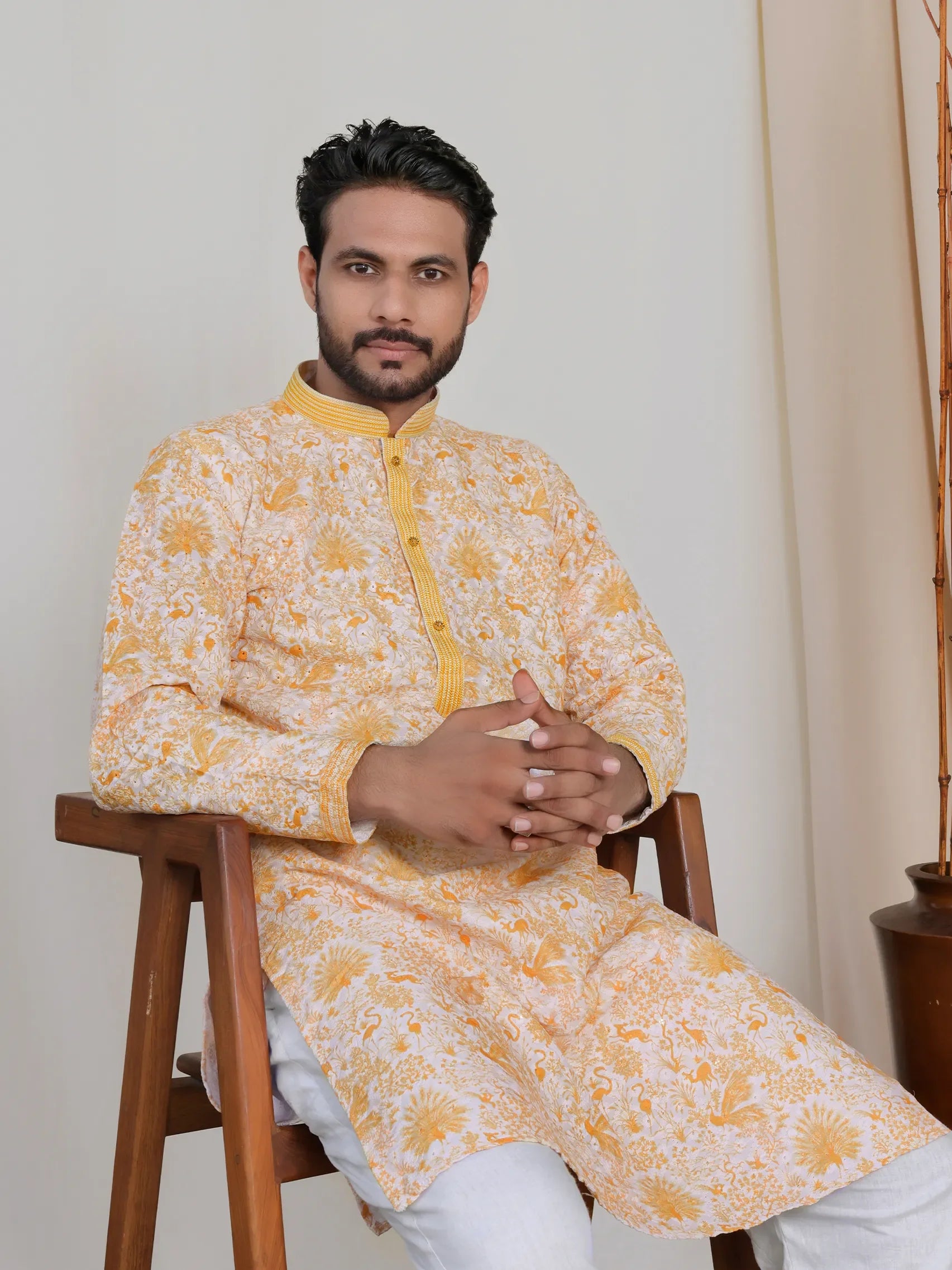 Yellow Floral Kurta for Men – Lucknowi Work & Contrast Print | Wedding & Festive Wear