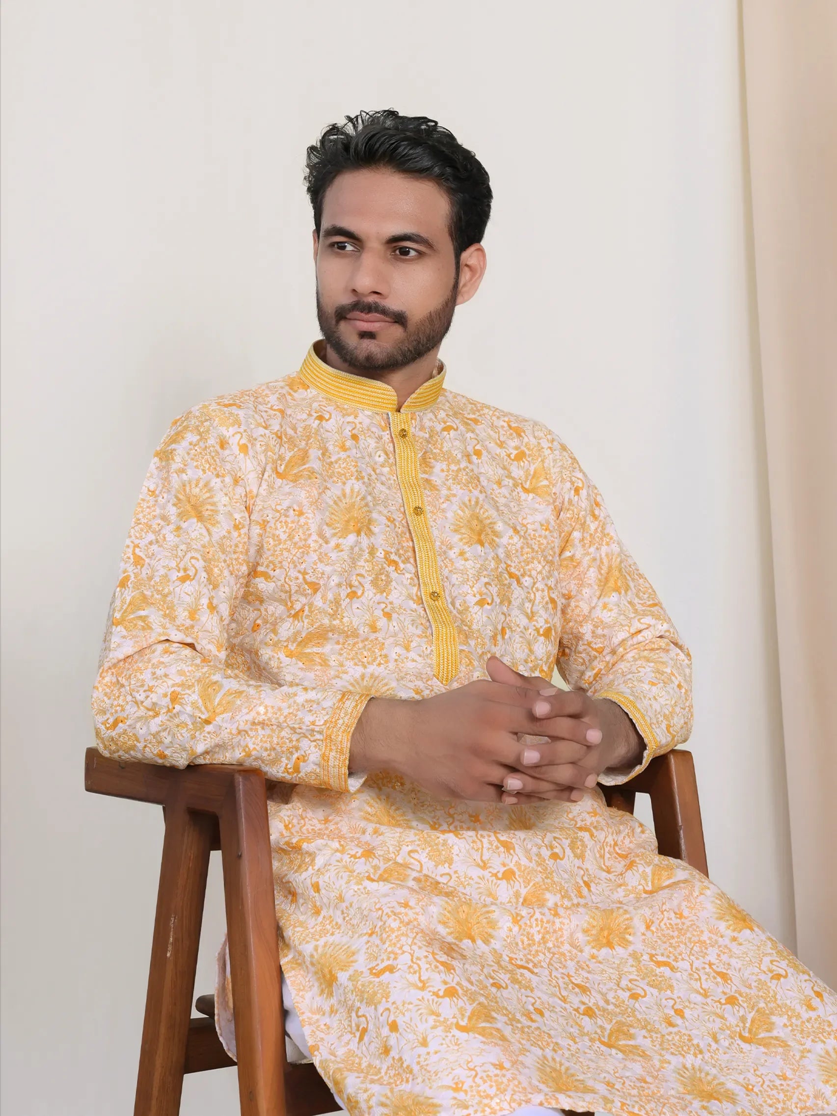 Yellow Floral Kurta for Men – Lucknowi Work & Contrast Print | Wedding & Festive Wear