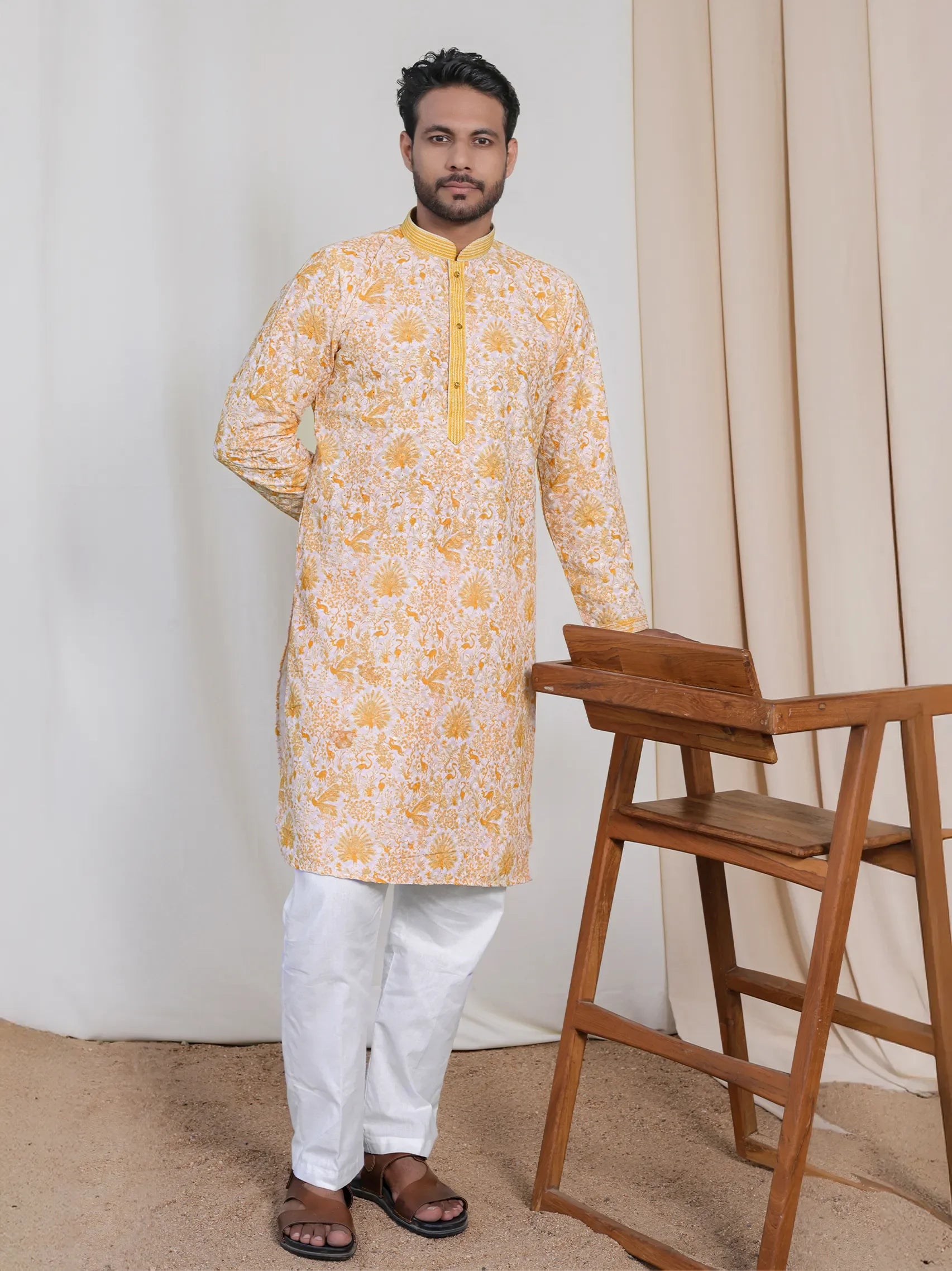 Yellow Floral Kurta for Men – Lucknowi Work & Contrast Print | Wedding & Festive Wear