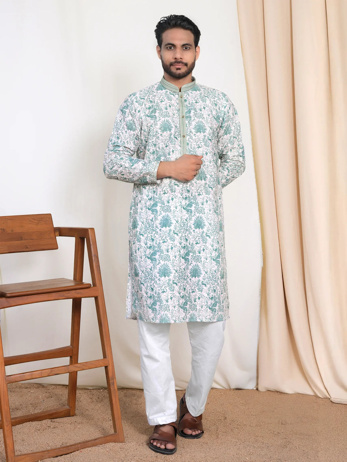 Light Green Floral Kurta for Men – Lucknowi Work & Contrast Print | Wedding & Festive Wear