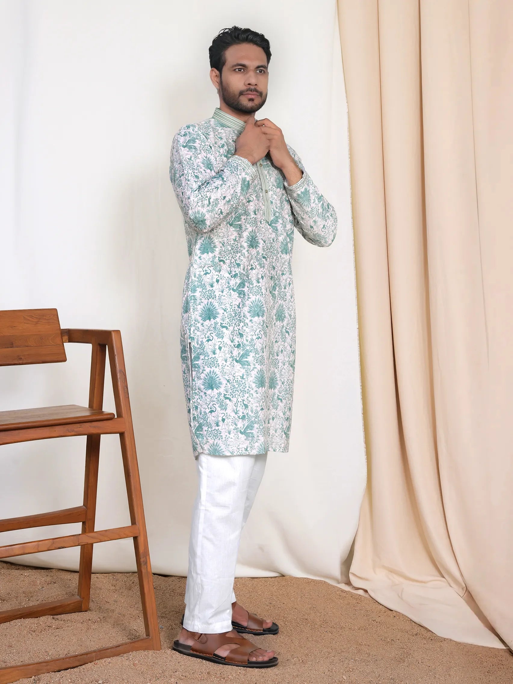 Light Green Floral Kurta for Men – Lucknowi Work & Contrast Print | Wedding & Festive Wear