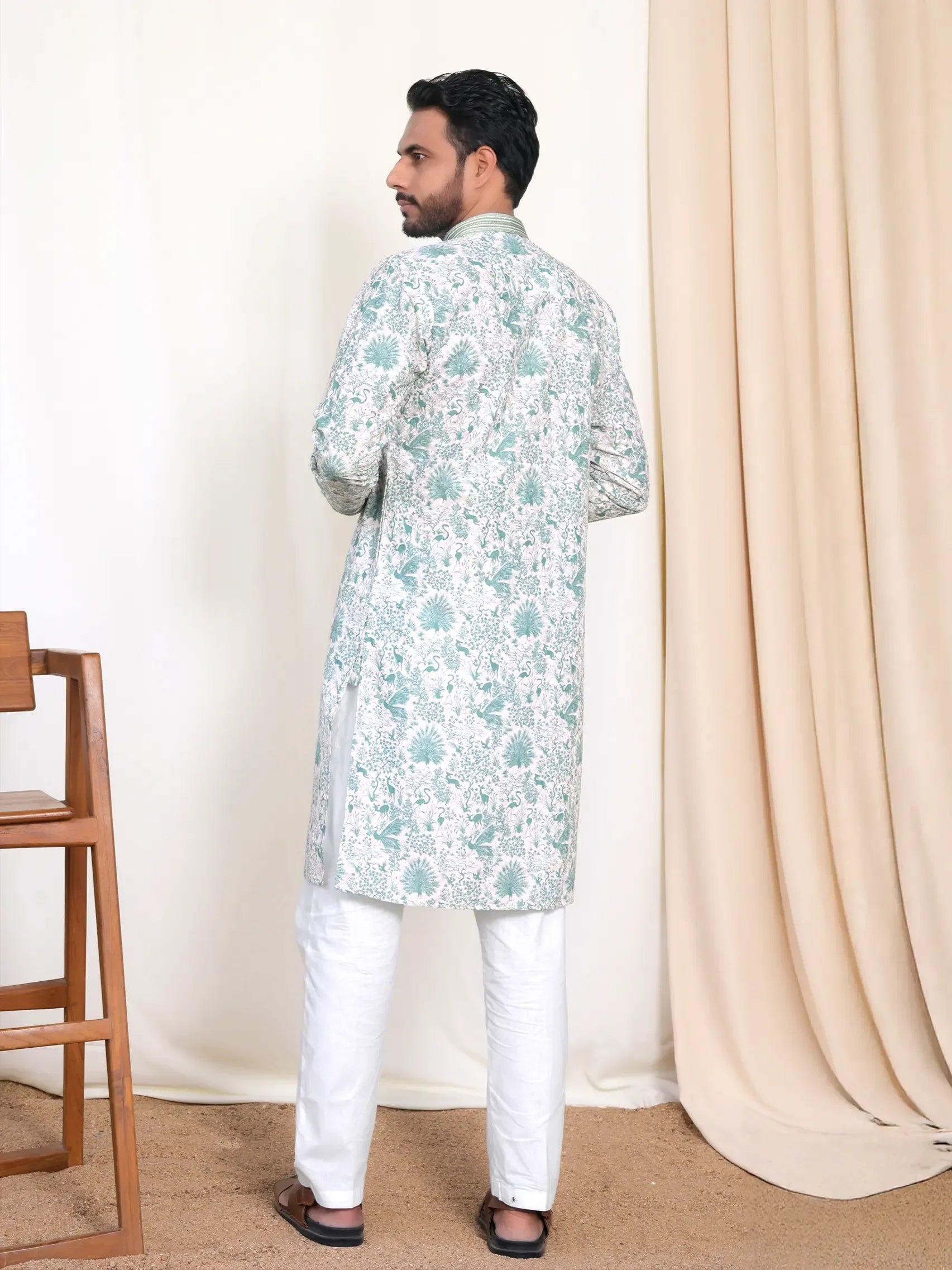Light Green Floral Kurta for Men – Lucknowi Work & Contrast Print | Wedding & Festive Wear