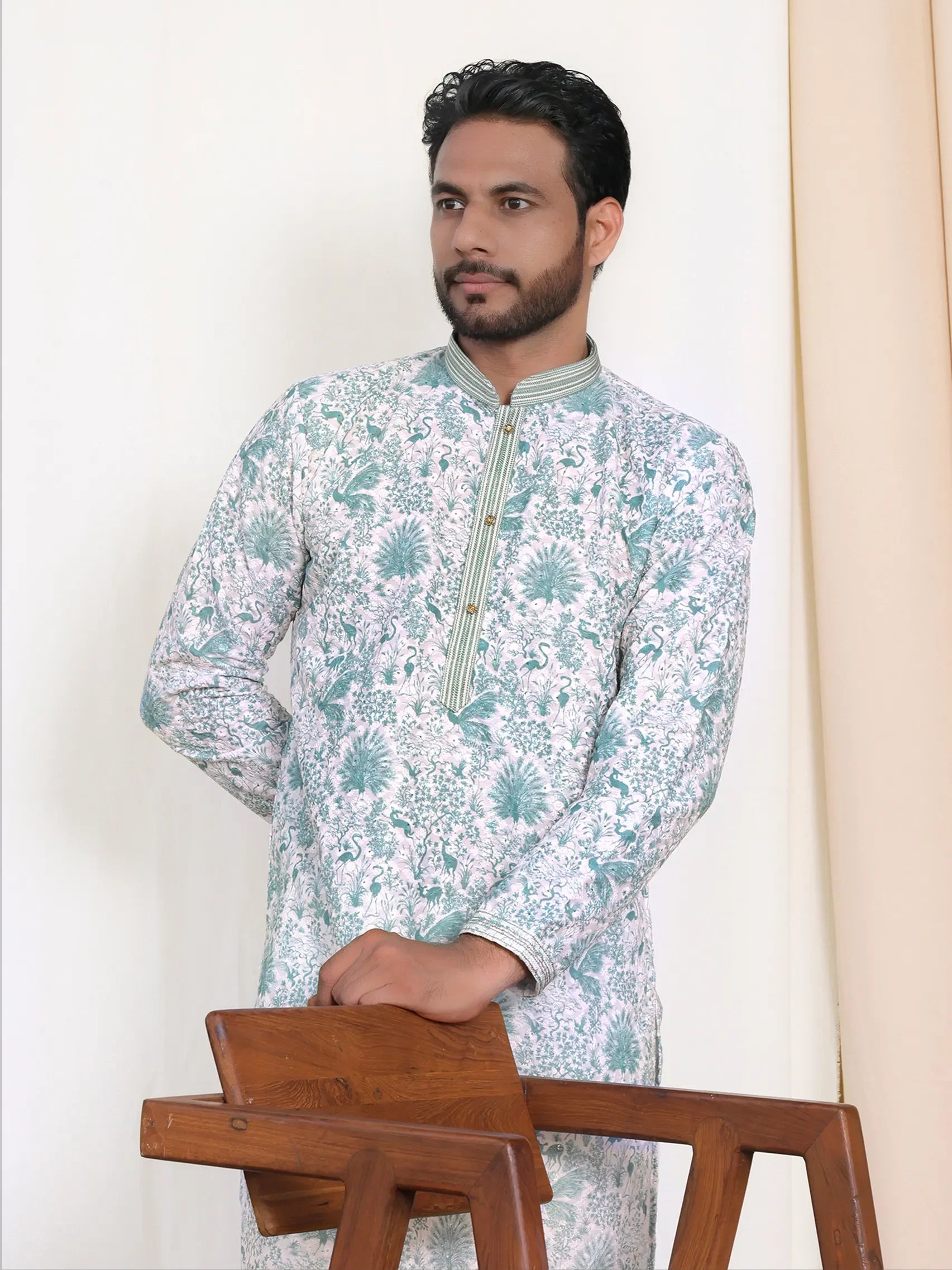 Light Green Floral Kurta for Men – Lucknowi Work & Contrast Print | Wedding & Festive Wear