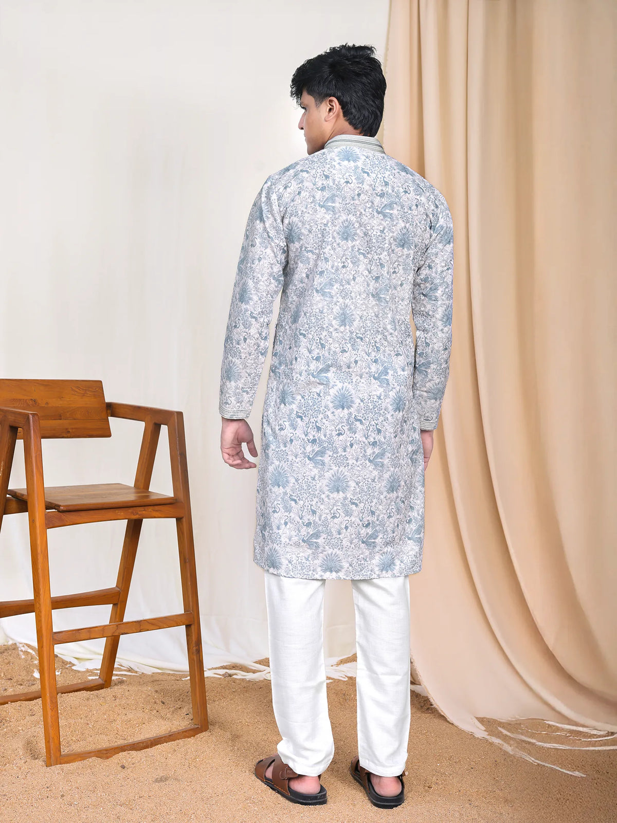 Kurta with Mughal Print and Sequin Embroidery