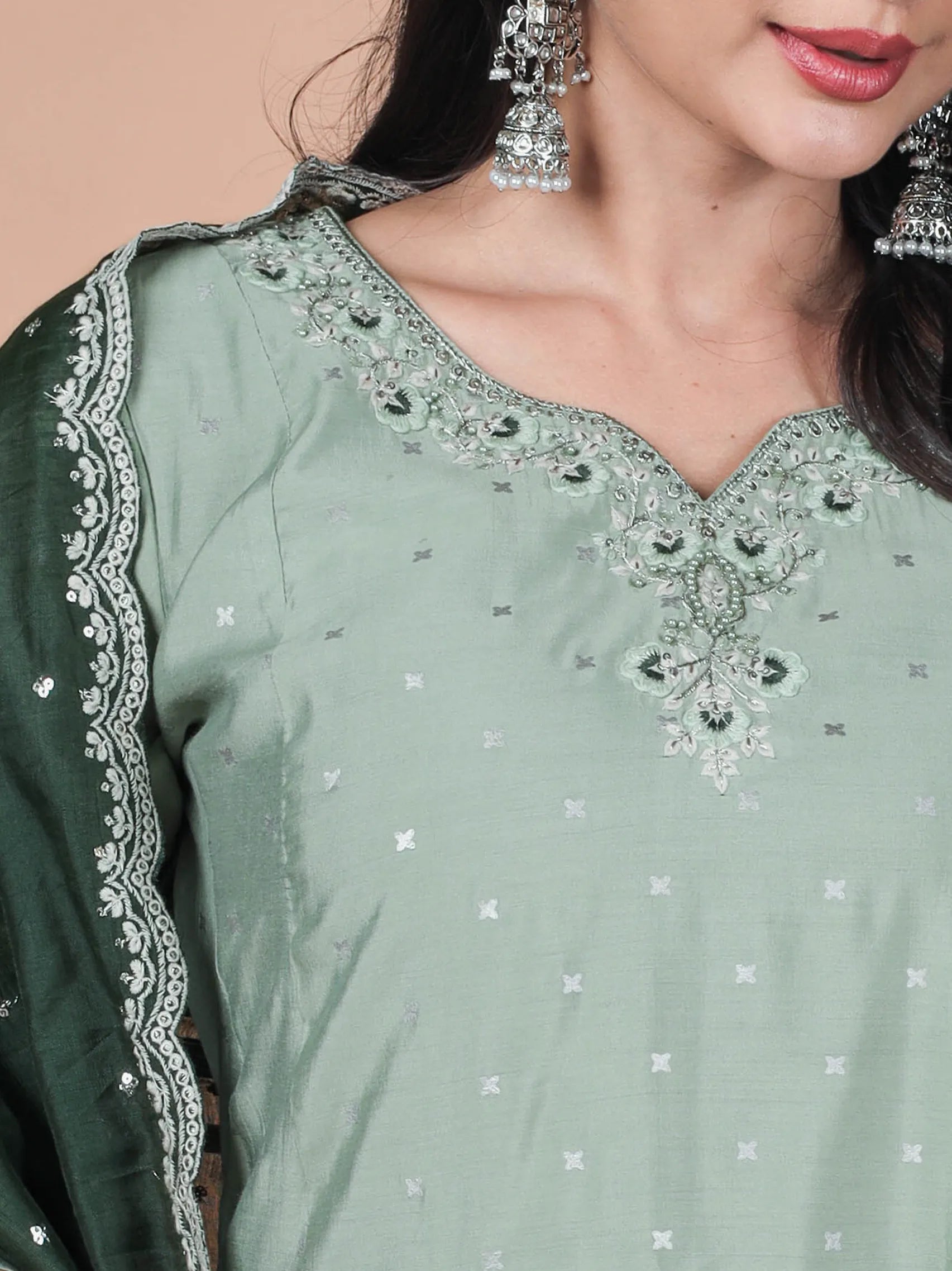 Pista Green Roman Silk Embroidery Suit Set with Chanderi Dupatta | Three-Fourth Sleeve Ethnic Wear Roman Silk Suit Set with Embroidery & Chanderi Dupatta – 3/4 Sleeve | Women's Ethnic Wear