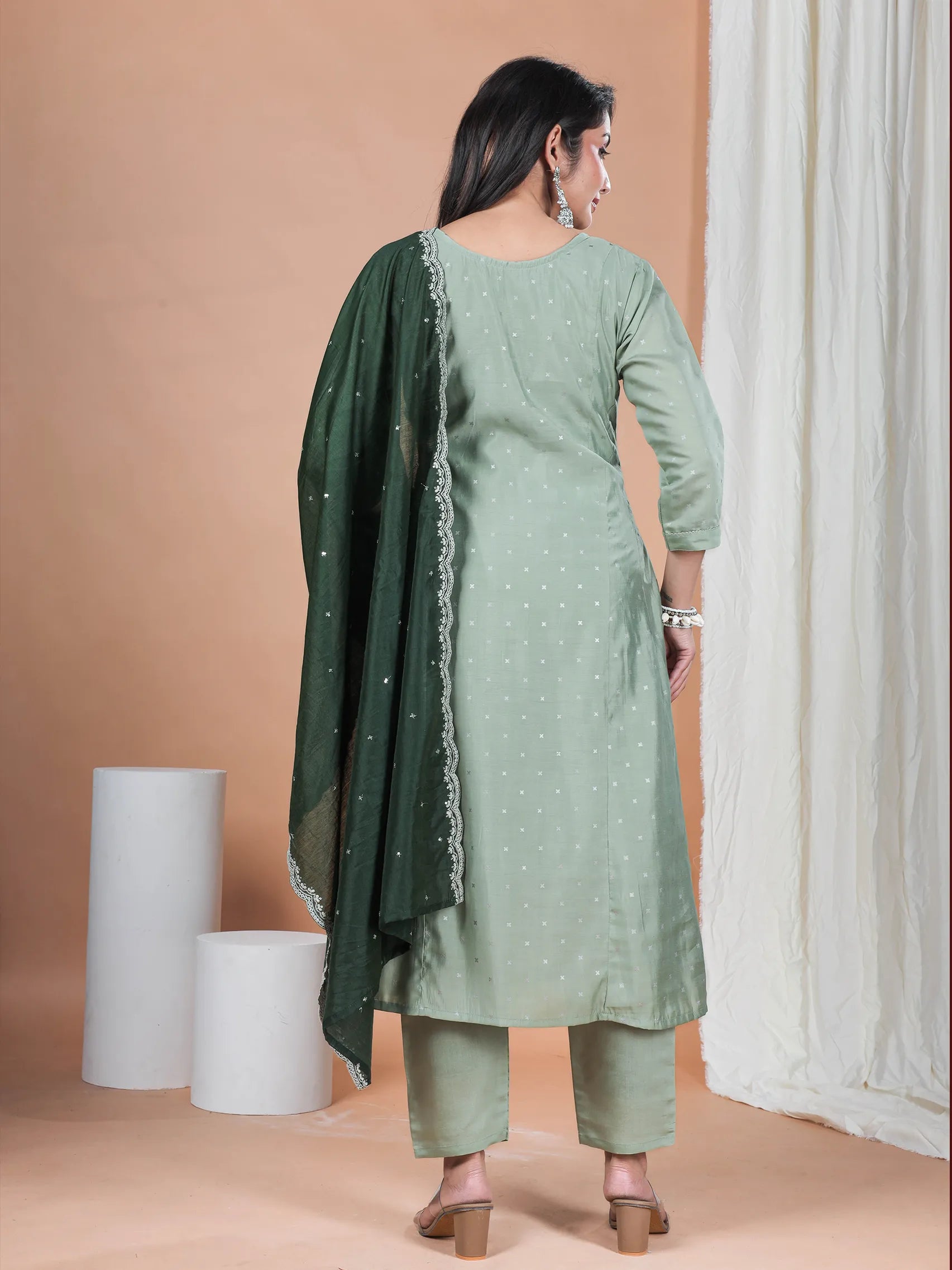 Pista Green Roman Silk Embroidery Suit Set with Chanderi Dupatta | Three-Fourth Sleeve Ethnic Wear Roman Silk Suit Set with Embroidery & Chanderi Dupatta – 3/4 Sleeve | Women's Ethnic Wear