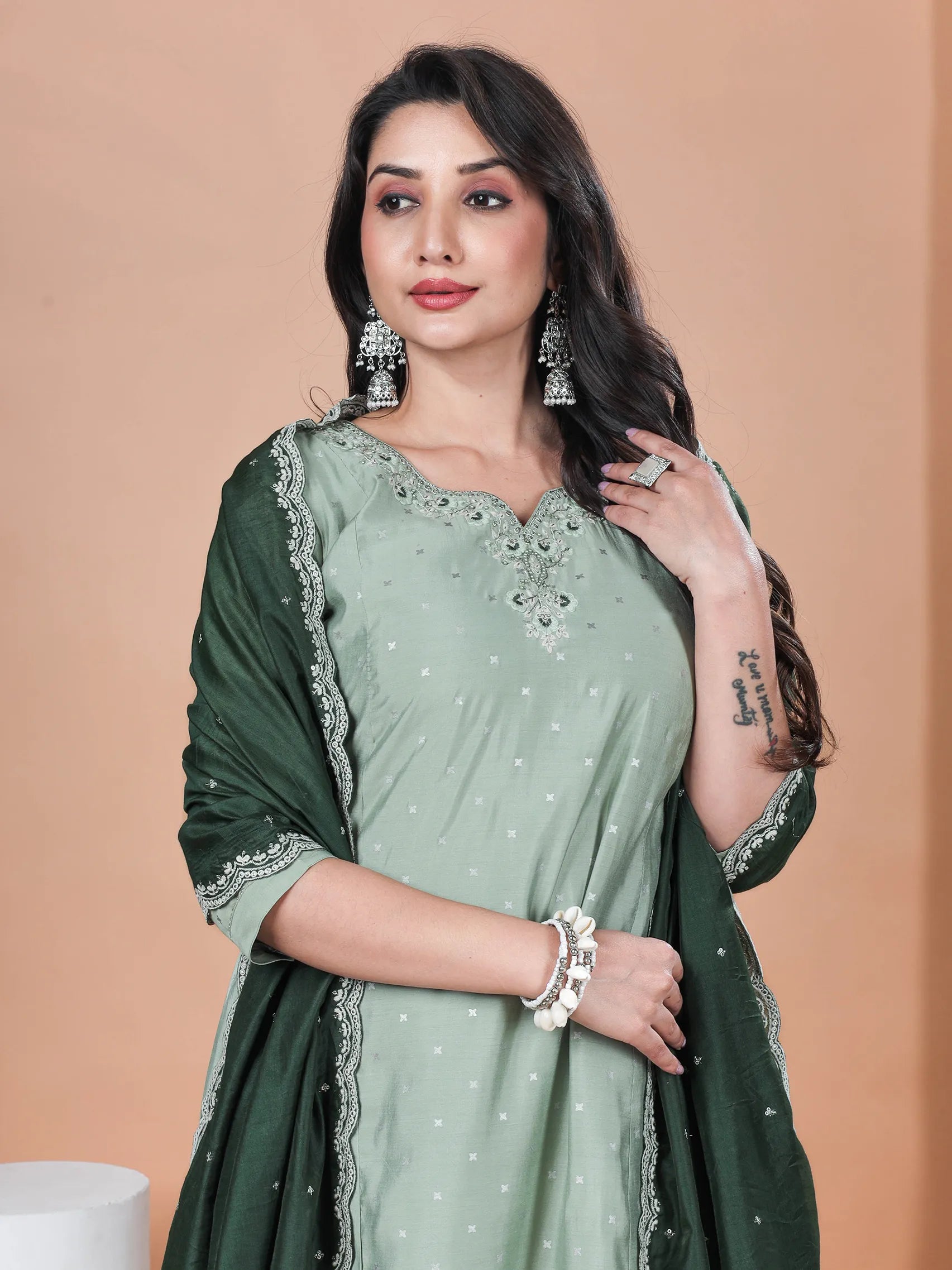 Pista Green Roman Silk Embroidery Suit Set with Chanderi Dupatta | Thr Zaarvik Pista Green Roman Silk Embroidery Suit Set with Chanderi Dupatta | Thr Zaarvik