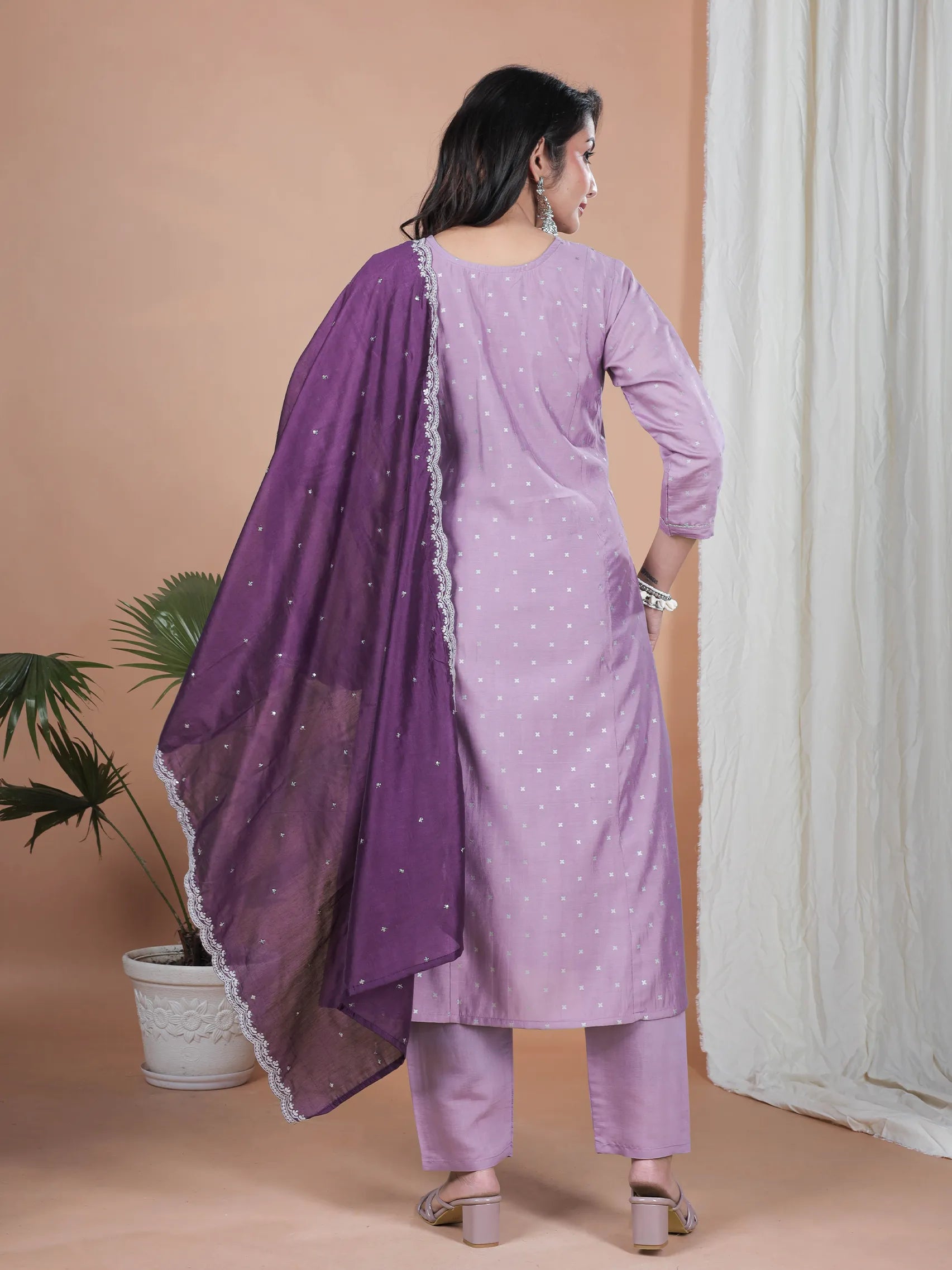 Lavend Roman Silk Embroidery Suit Set with Chanderi Dupatta | Three-Fourth Sleeve Ethnic Wear