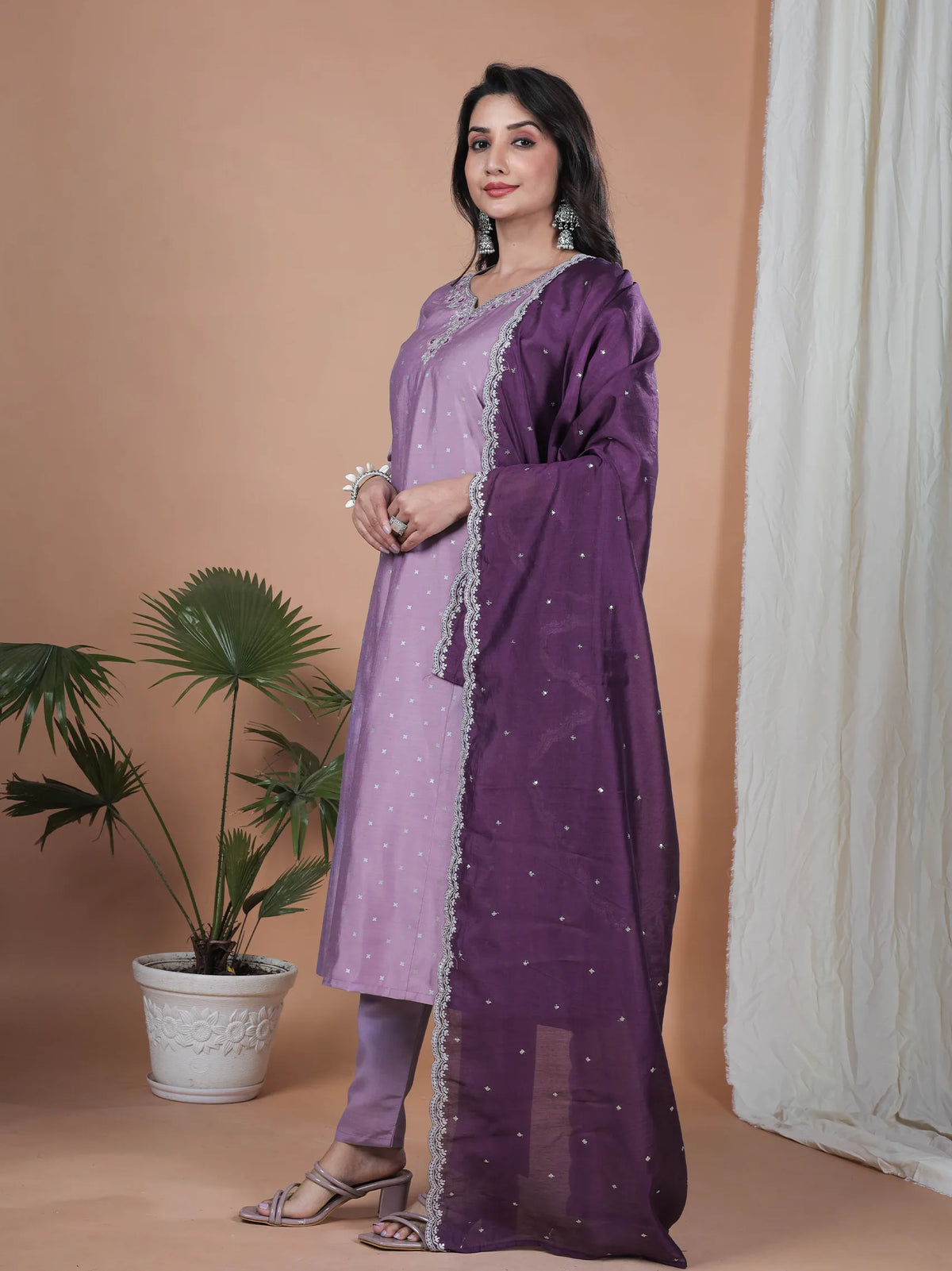 Lavend Roman Silk Embroidery Suit Set with Chanderi Dupatta | Three-Fourth Sleeve Ethnic Wear