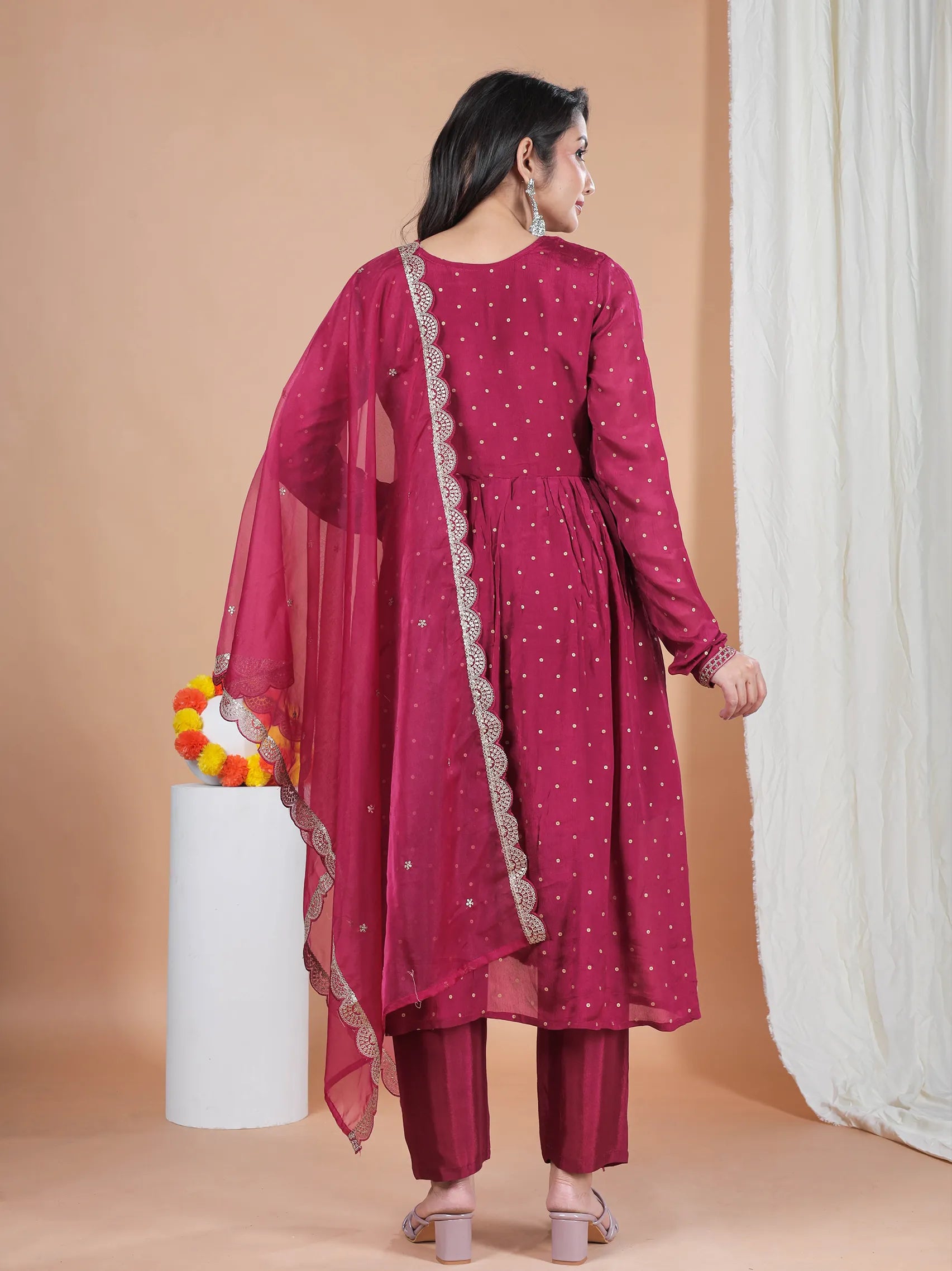 Rani Pink Chinon Viscose Kurta Set with Embroidery & Chanderi Dupatta | Full Sleeve Ethnic Wear