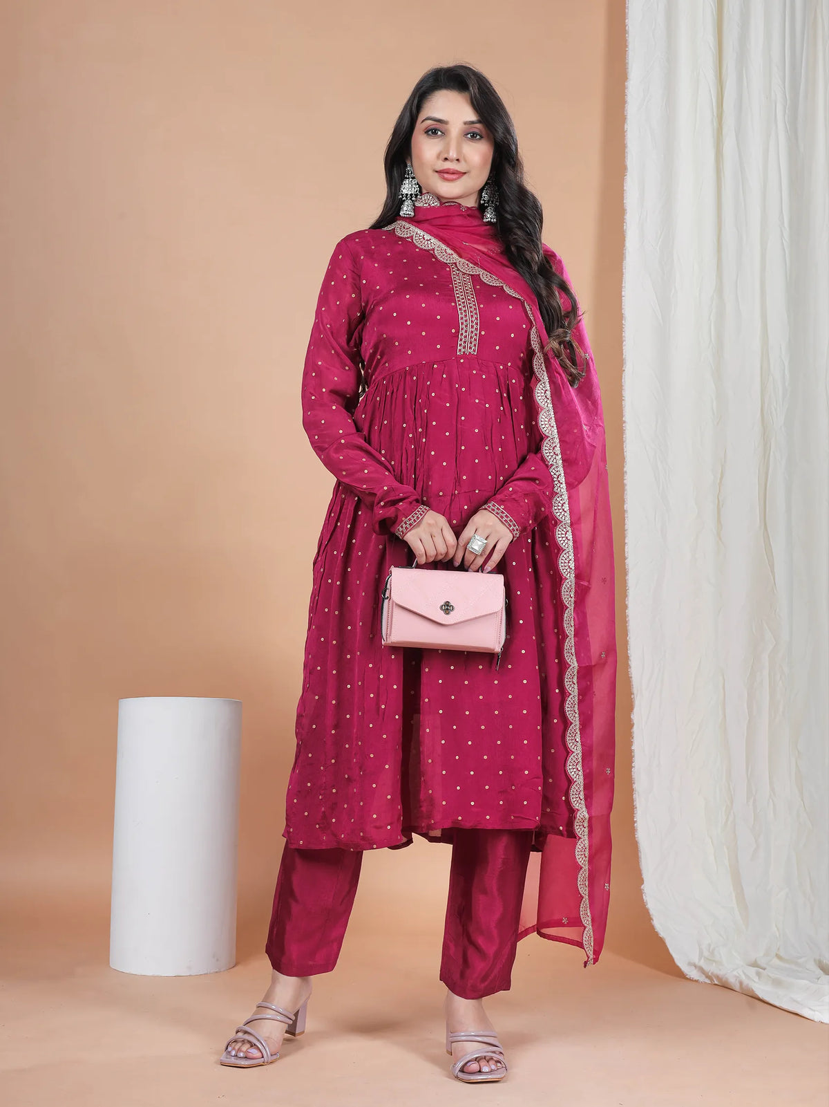 Rani Pink Chinon Viscose Kurta Set with Embroidery & Chanderi Dupatta | Full Sleeve Ethnic Wear