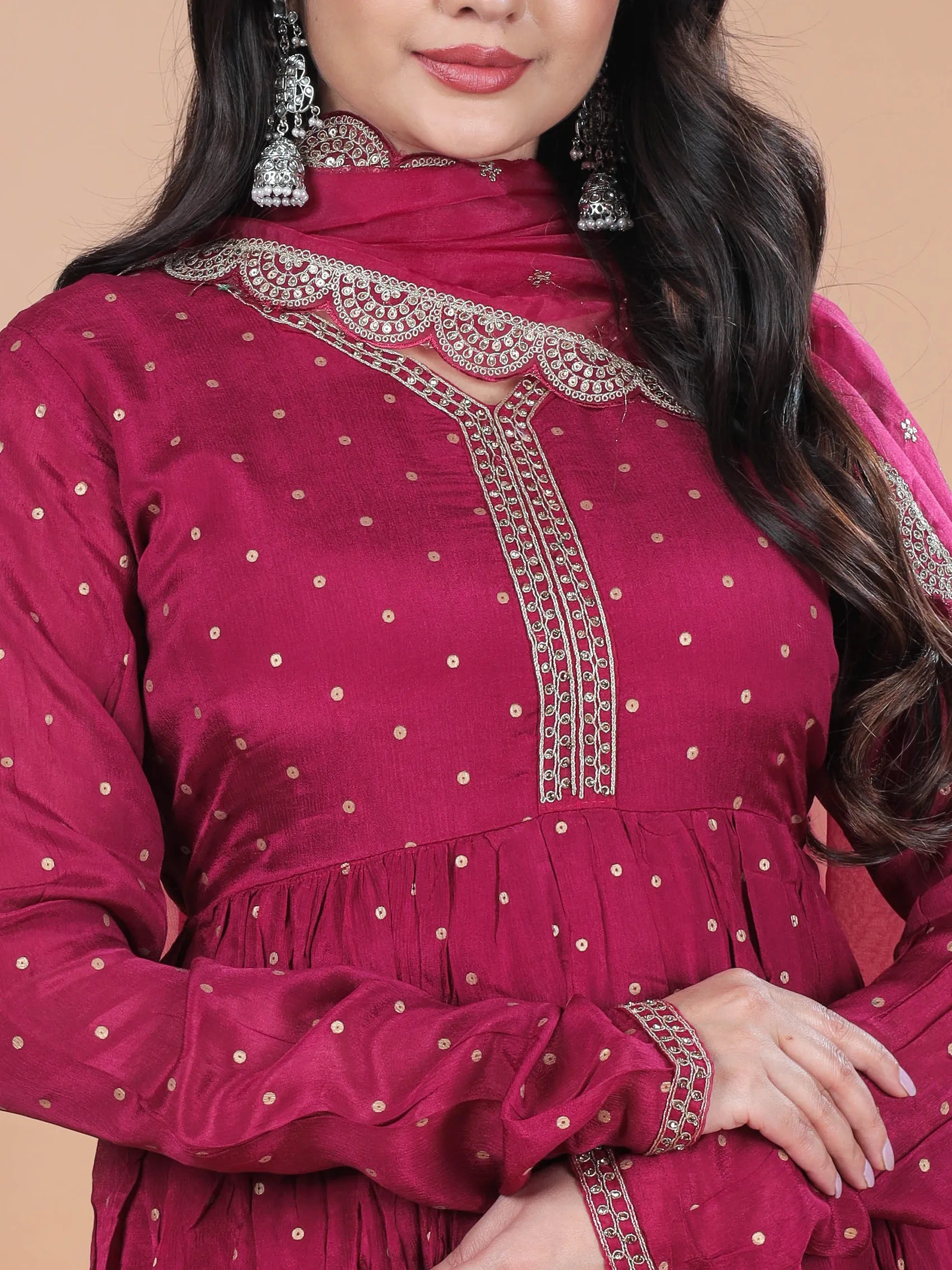 Rani Pink Chinon Viscose Kurta Set with Embroidery & Chanderi Dupatta | Full Sleeve Ethnic Wear