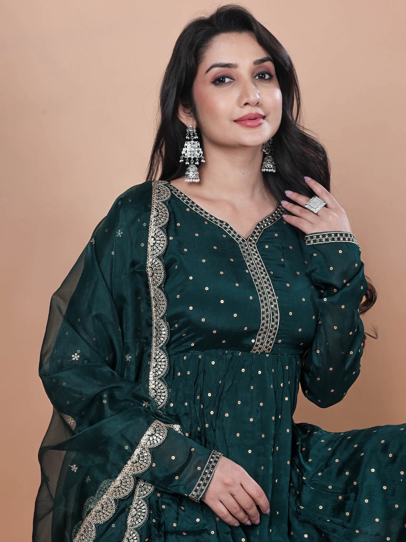 Dark Green Chinon Viscose Kurta Set with Embroidery & Chanderi Dupatta | Full Sleeve Ethnic Wear