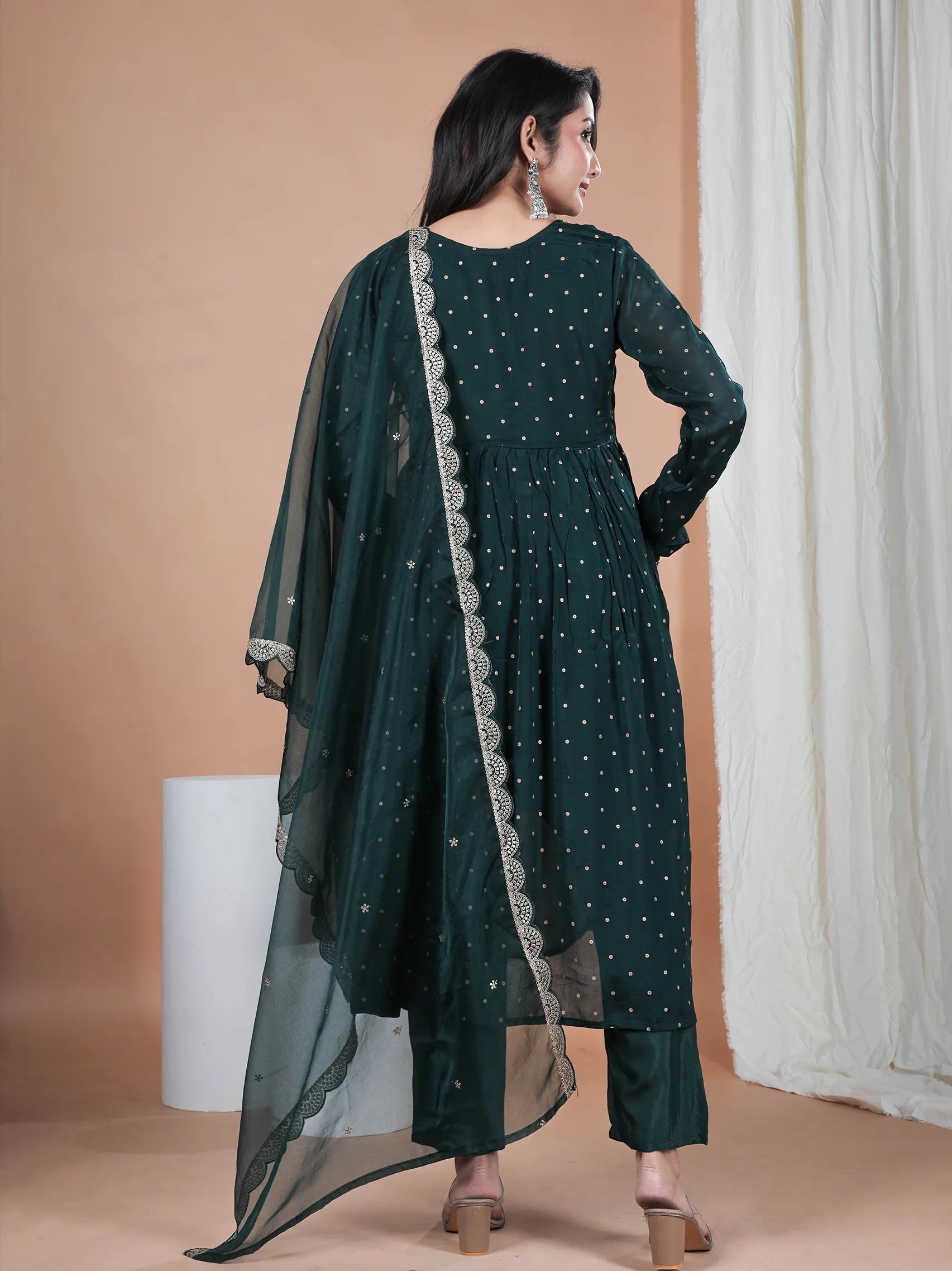 Dark Green Chinon Viscose Kurta Set with Embroidery & Chanderi Dupatta | Full Sleeve Ethnic Wear