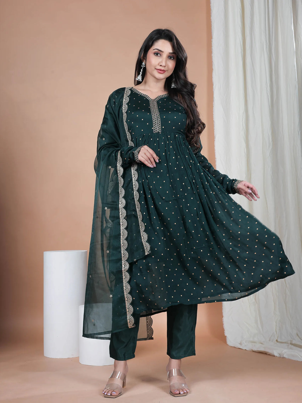 Dark Green Chinon Viscose Kurta Set with Embroidery & Chanderi Dupatta | Full Sleeve Ethnic Wear