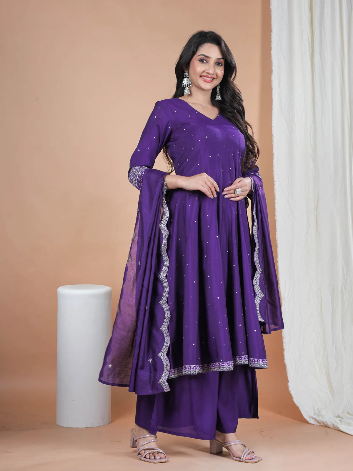 Indigo Purple Roman Silk Kurta Set with Embroidery Work with Khadi Print & Chanderi Dupatta | V-Neck Collar Design