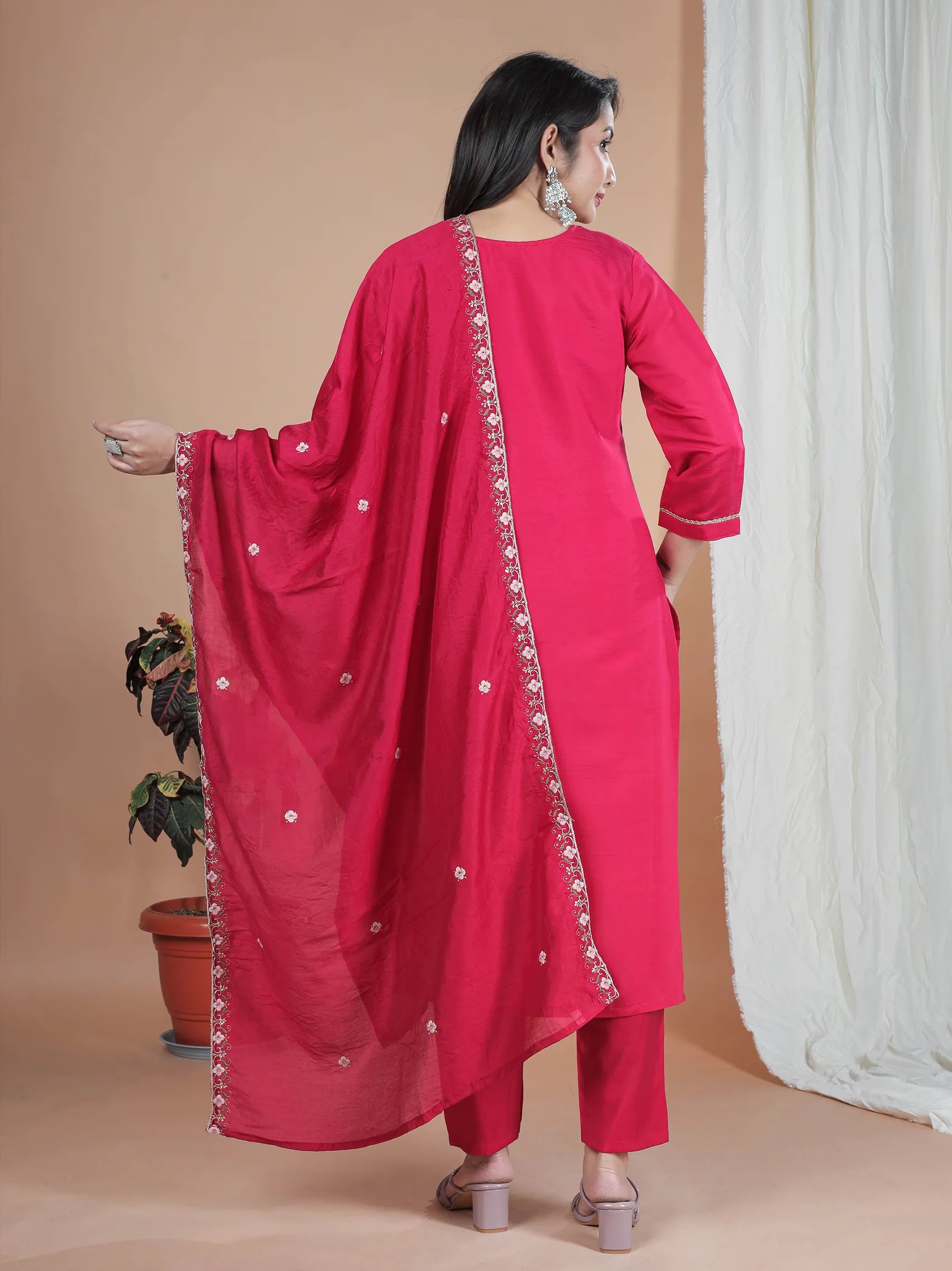 Rani Pink Roman Silk Kurta Set with Embroidery Work & Chanderi Dupatta | Three Fourth Sleeve Ethnic Wear