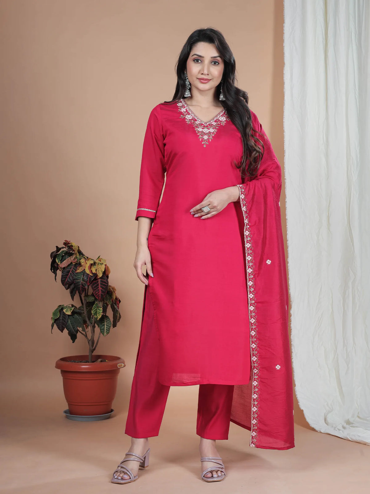 Rani Pink Roman Silk Kurta Set with Embroidery Work & Chanderi Dupatta | Three Fourth Sleeve Ethnic Wear