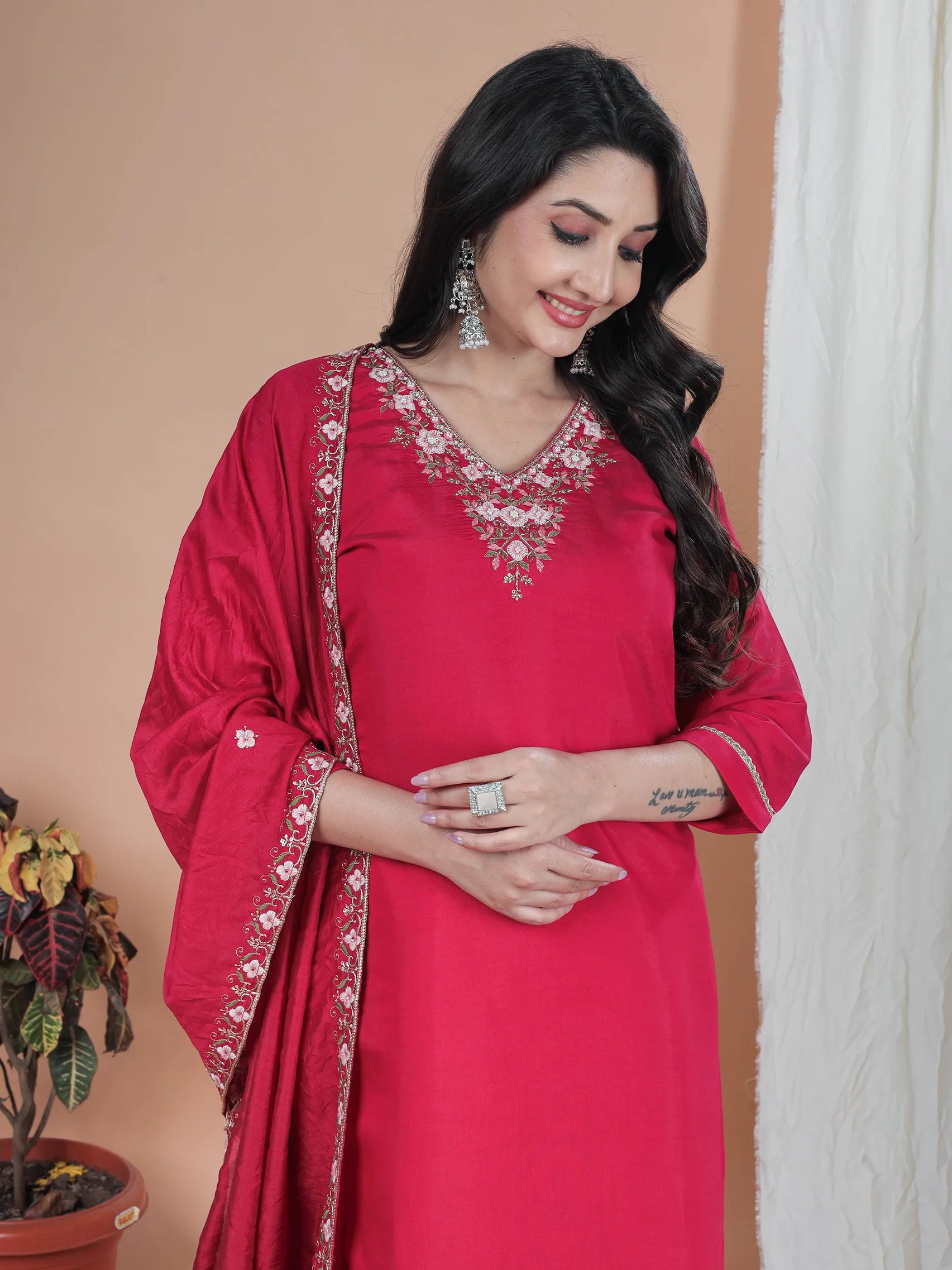 Rani Pink Roman Silk Kurta Set with Embroidery Work & Chanderi Dupatta | Three Fourth Sleeve Ethnic Wear