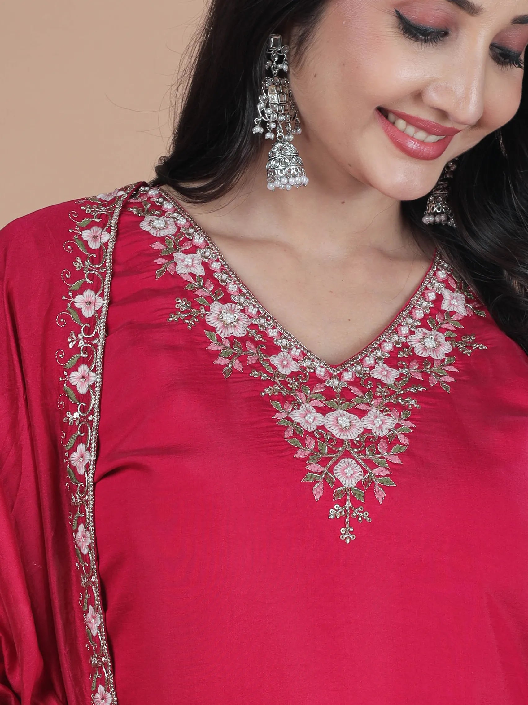 Rani Pink Roman Silk Kurta Set with Embroidery Work & Chanderi Dupatta | Three Fourth Sleeve Ethnic Wear