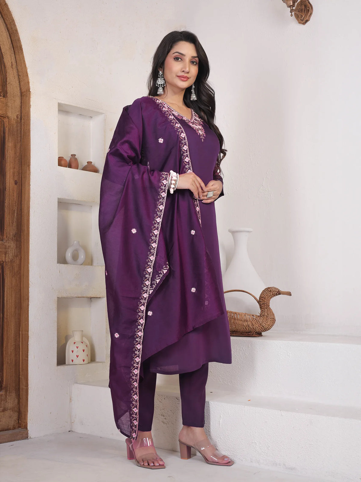 Purple Roman Silk Kurta Set with Embroidery Work & Chanderi Dupatta | Three Fourth Sleeve Ethnic Wear