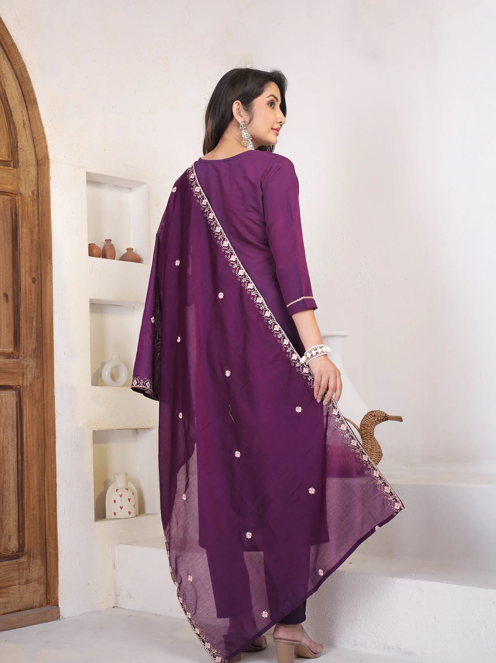 Purple Roman Silk Kurta Set with Embroidery Work & Chanderi Dupatta | Three Fourth Sleeve Ethnic Wear