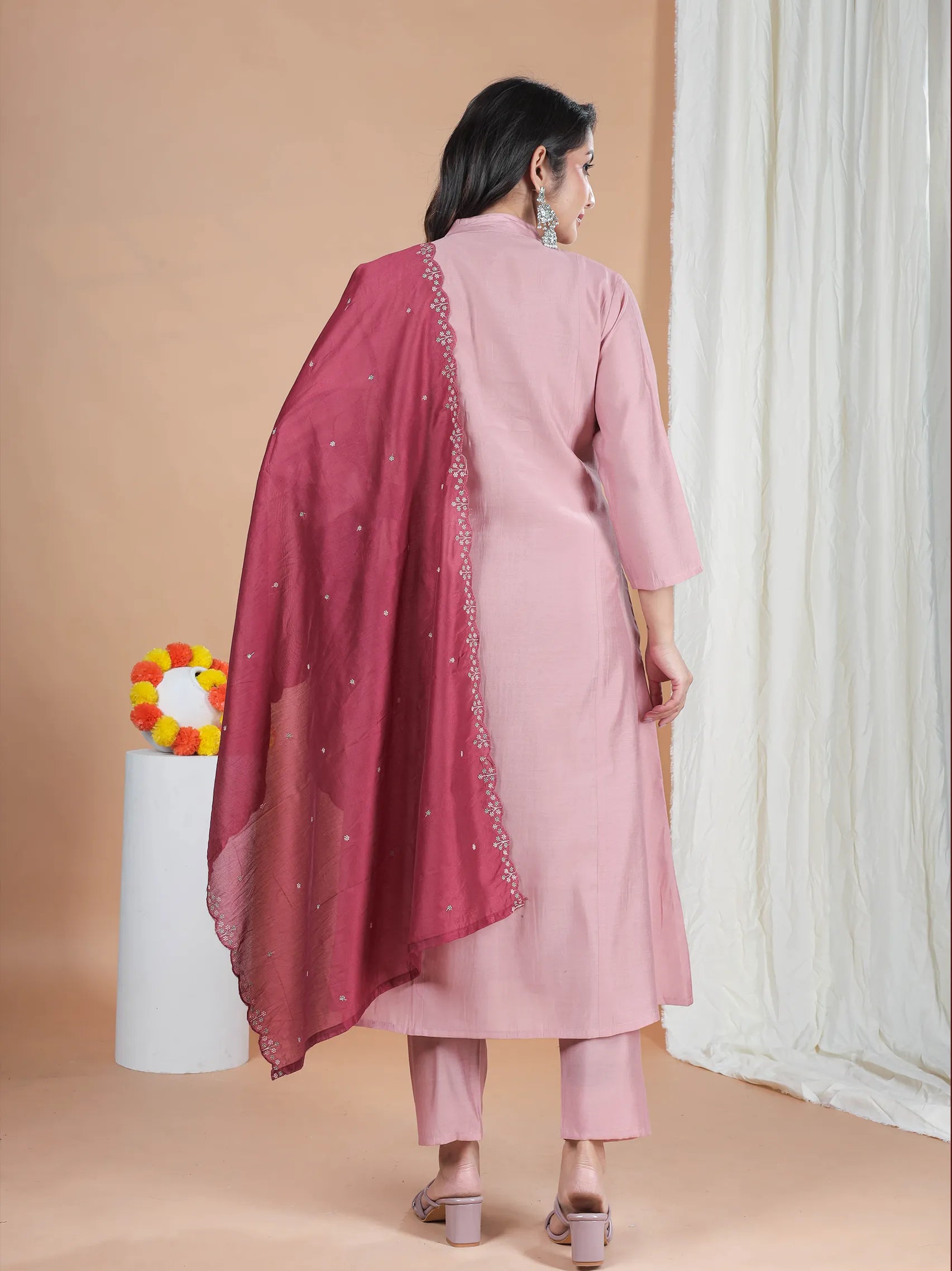 Peach Roman Silk Kurta Set with Embroidery Work & Chanderi Dupatta | Mandarin Collar Neck Design
