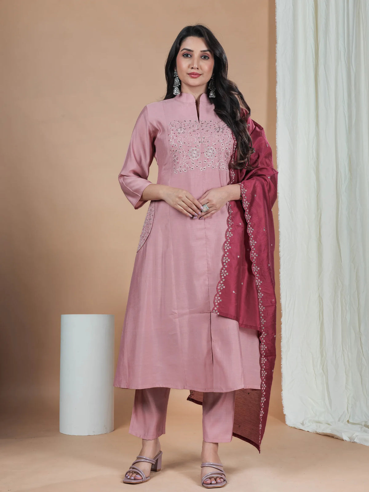 Peach Roman Silk Kurta Set with Embroidery Work & Chanderi Dupatta | Mandarin Collar Neck Design