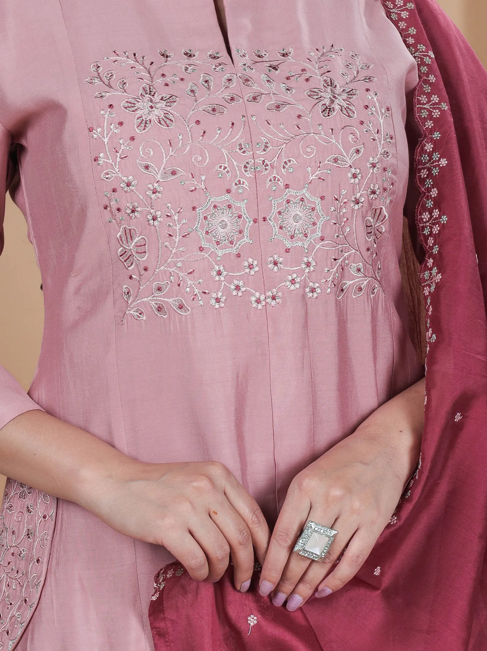 Peach Roman Silk Kurta Set with Embroidery Work & Chanderi Dupatta | Mandarin Collar Neck Design