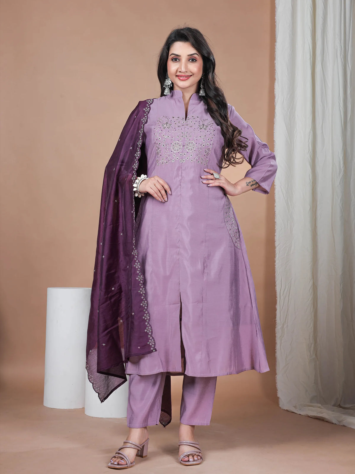 Light Purple Roman Silk Suit Set with Embroidery Work & Chanderi Dupatta | Mandarin Collar Neck