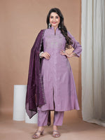 Light Purple Roman Silk Suit Set with Embroidery Work & Chanderi Dupatta | Mandarin Collar Neck