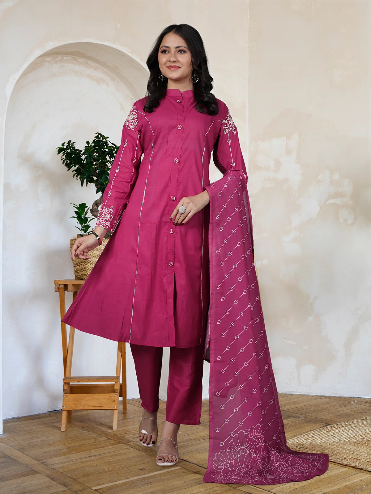 Rani Pink Embroidered Mul Cotton Kurta Set with Mul Cotton Dupatta | Full Sleeve Traditional Wear
